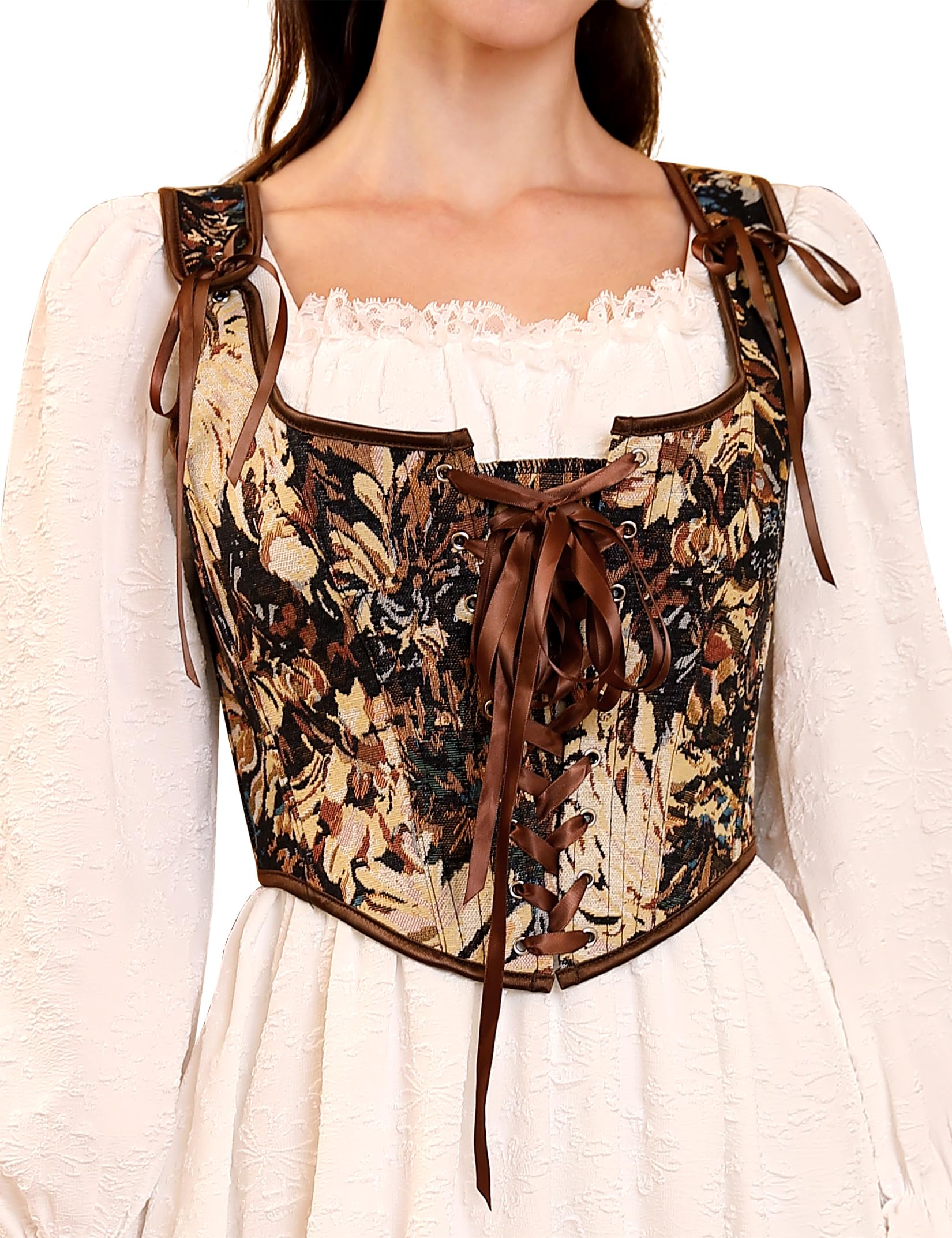KOJOOIN Womens Vintage Floral Corset Lace-Up Fishbone Print Vest Renaissance pirate costume