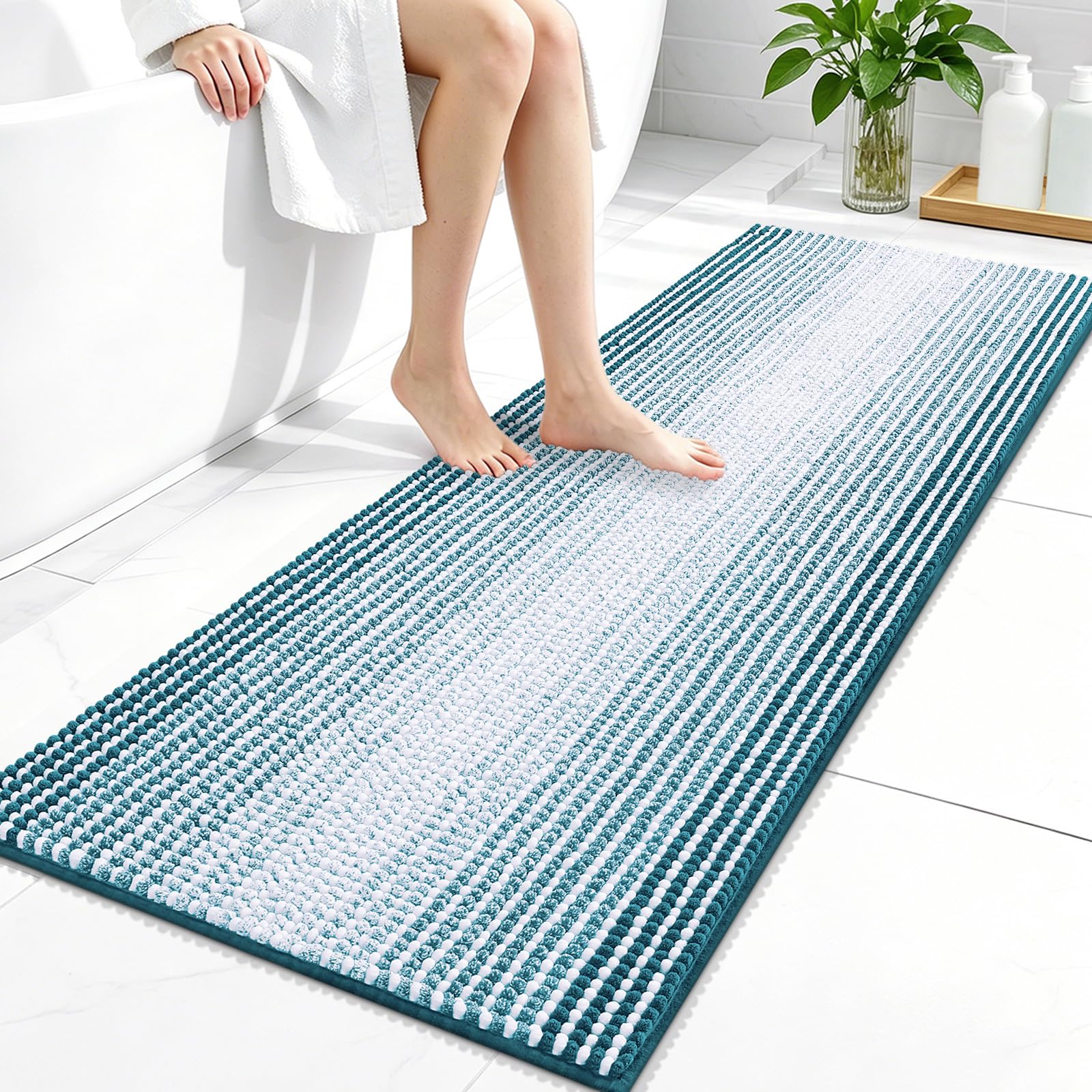 OLANLY Bathroom Runner Rugs 47x20, Chenille Striped Bath Rugs, Peacock Blue