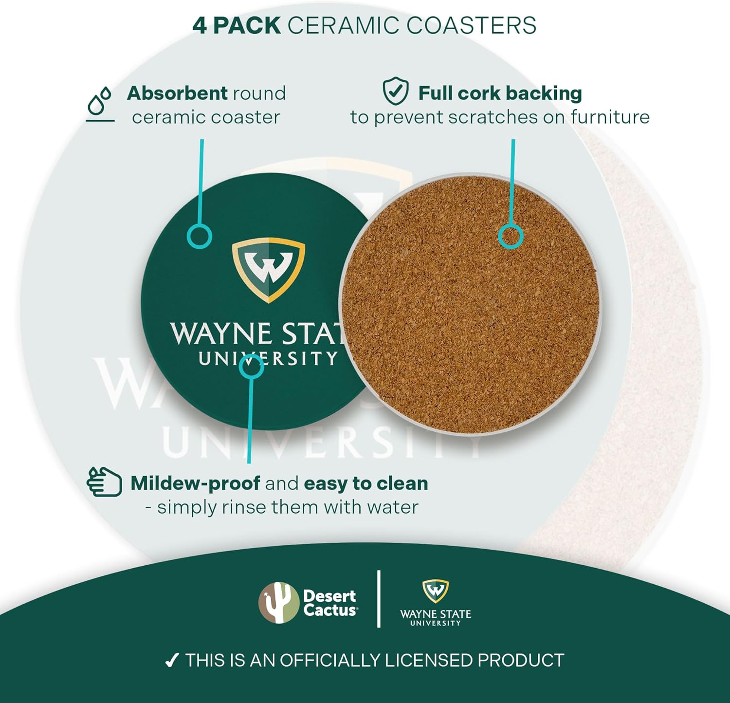 Desert Cactus Wayne State University Circle Ceramic Coasters 4 Pack WSU Warriors Absorbent Drink Coasters with Cork Backing (Design A) - Image 3