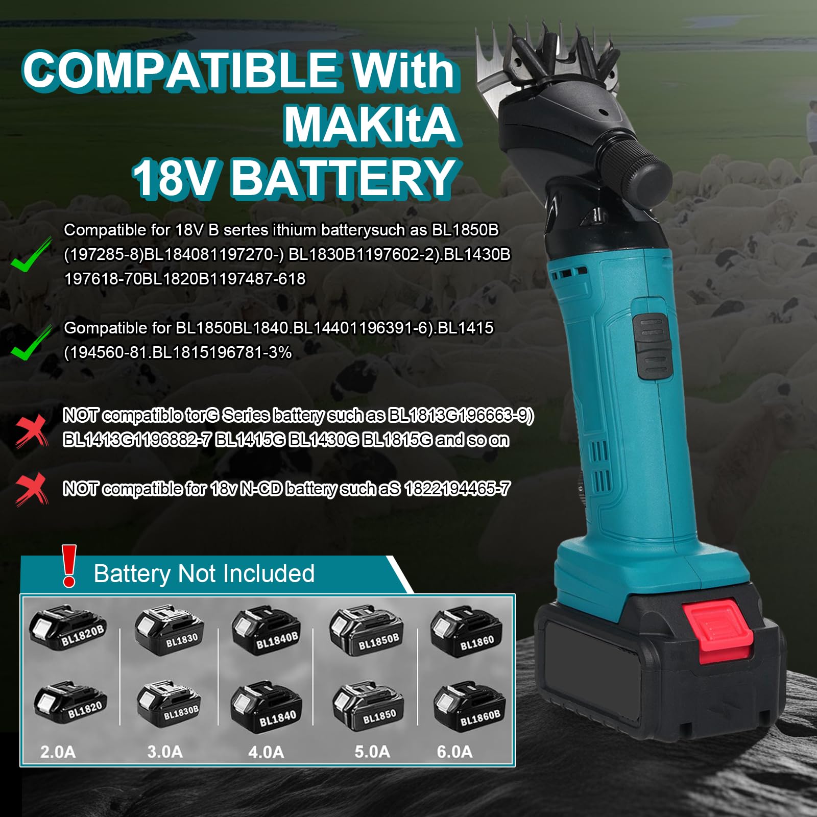 Tosatrice per Pecore Senza Fili 2400RPM 6 Velocità Compatibile Makita 18V con 2 Lame e Custodia