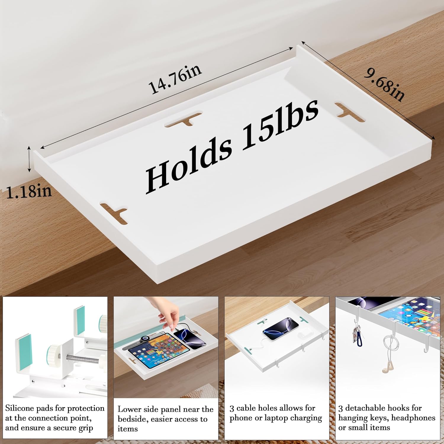 Foldable Bedside Shelf, Metal Clip-On Bed Tray Table for Bunk Bed & Dorm Beds, Dorm Room Essentials Organizer for College Students, Floating Tray, Space Saving Nightstand for Loft Beds (White, Large)