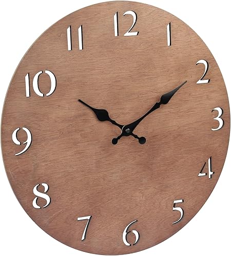 Miniatura 2 de Stonebriar Modern Natural Wood 14 Inch Round Hanging Wall Clock with Cut Out Numbers, Battery Operated, Brown