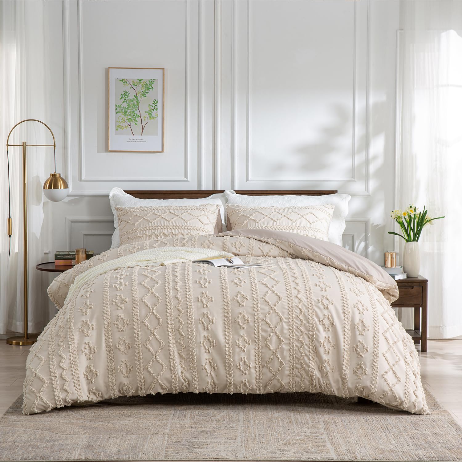 DXHOME Juego de ropa de cama de 220 x 240 cm, diseño bohemio, 3 piezas, color beige, bordado, estilo bohemio, geométrico, microfibra, funda nórdica con cremallera y 2 fundas de almohada de 80 x 80 cm
