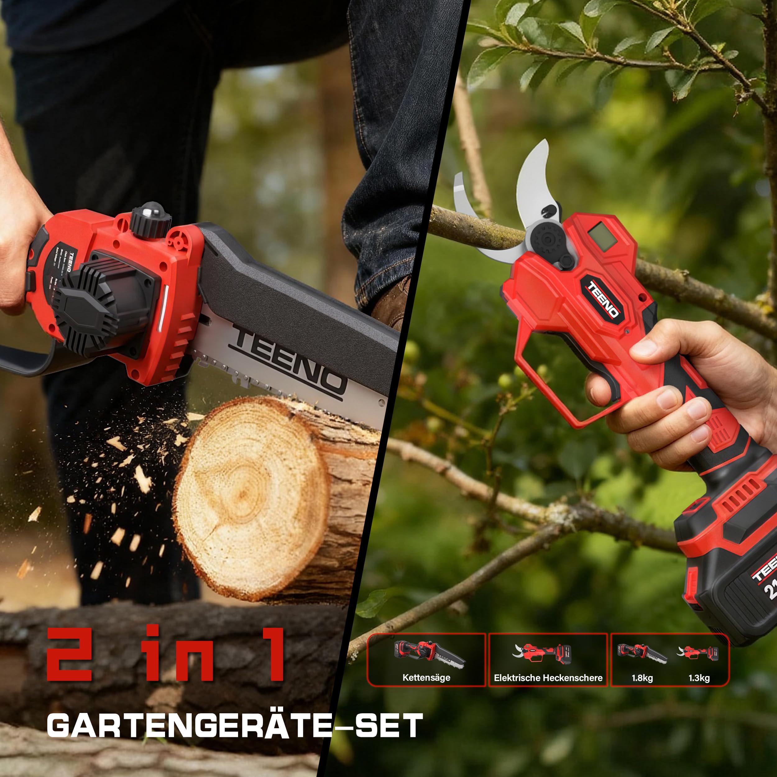 TEENO 2-in-1-Gartenwerkzeug-Set: Mini-Kettensäge mit Akku 6 Zoll + elektrische Gartenschere, kabellos, 0 – 40 mm, 2 x 4,0 Ah Batterien, Klingen aus SK5-Stahl für Schneiden von Stämmen und Ästen