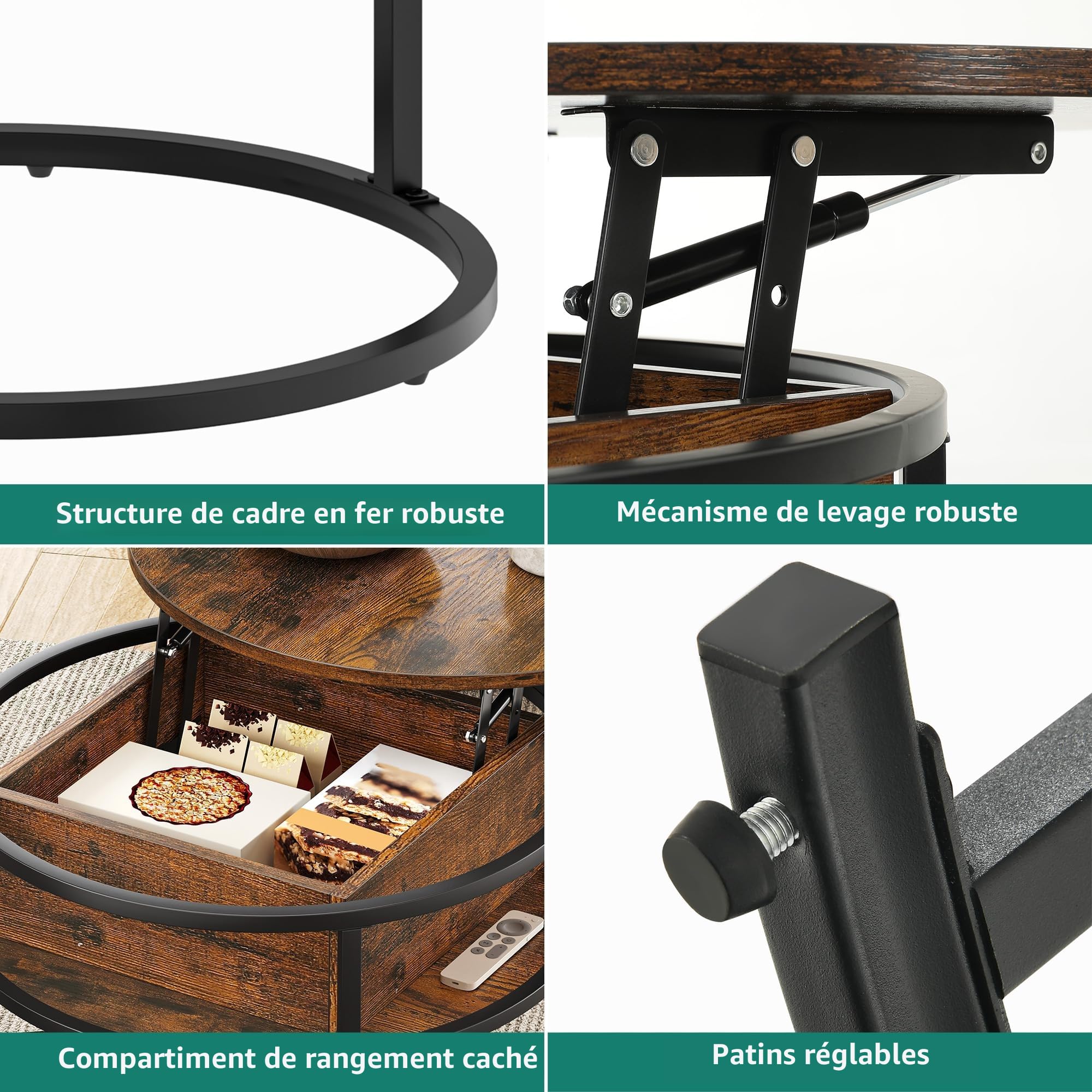YITAHOME Table Basse Salon Relevable Ronde Bois avec Espace de Rangement et Plateau de Levage, Table Basse Gigogne pour Salon, 60x60x50 cm, 38x38x30 cm