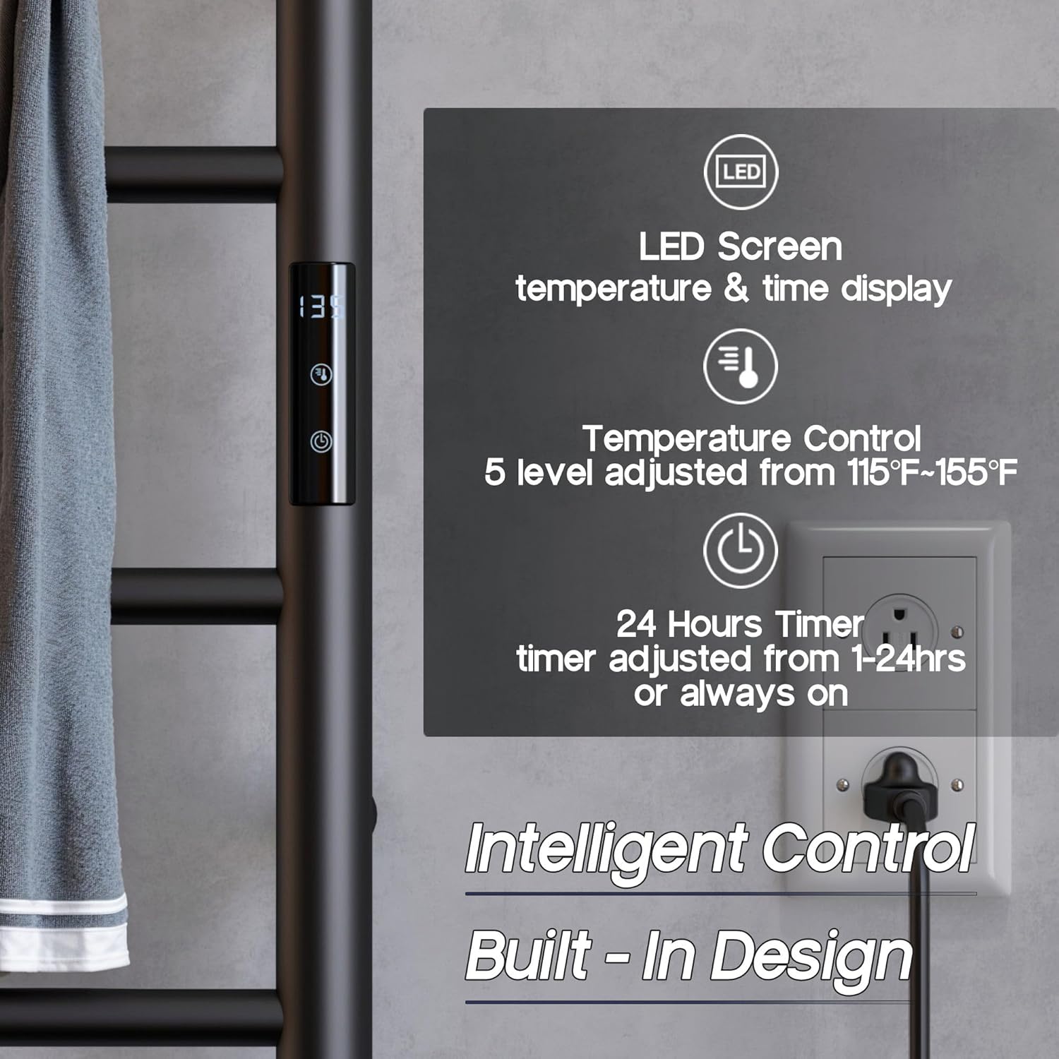 Sharpeye Towel Warmer Rack with 24hr Timer, 4-Bar Matte Black Heated Towel Rack for Bathroom, Plug-in/Hardwired, Electric Towel Warmer with Temperature Controls