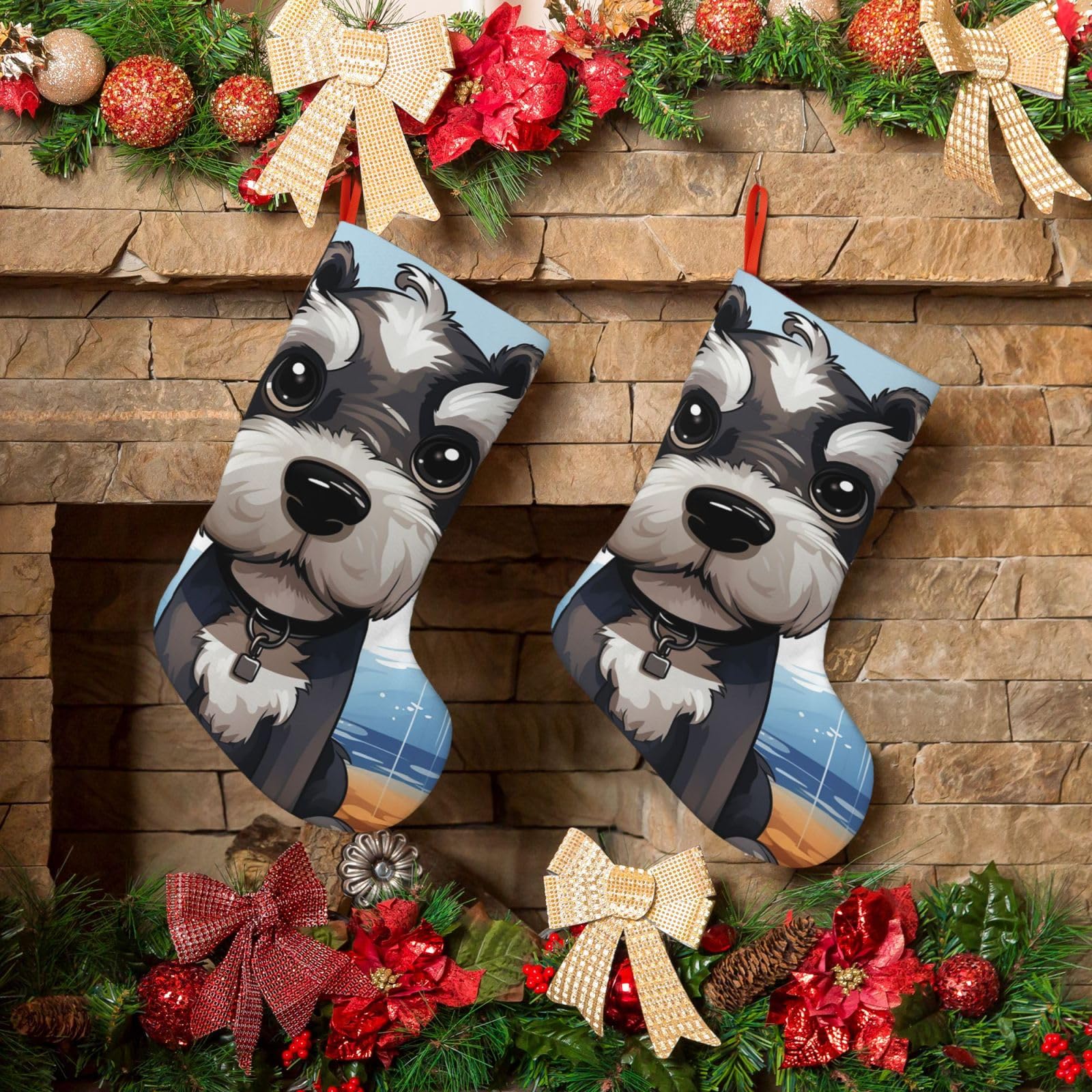 KLOPH Christmas Stockings 18" Personalized Xmas Stocking Adorable Schnauzer Decoration Stocking Hanging Fireplace Stocking for Holiday Xmas Tree Christmas Fireplace Decor