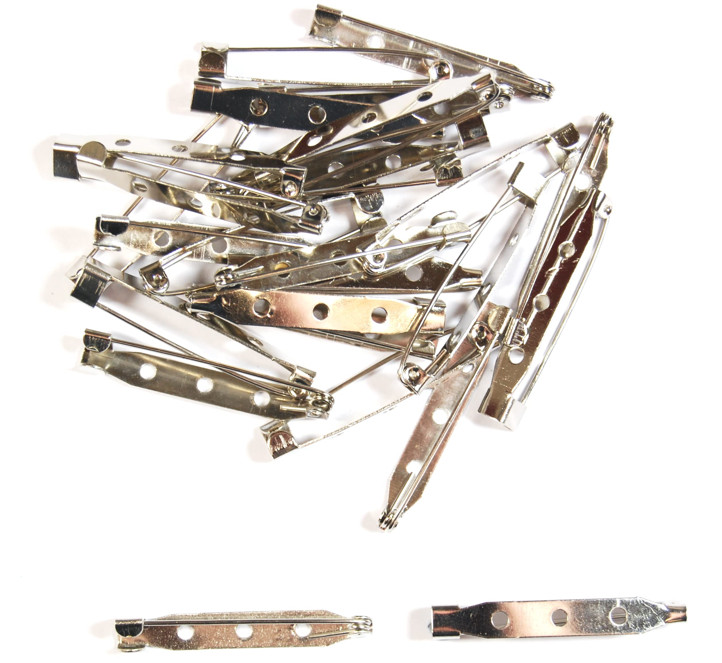 Platinum Brooch Bar Pins - Backs for Jewellery Making Findings (Platinum - 38mm x 6mm - Hook Bar (3 Hole), Pack of 50)