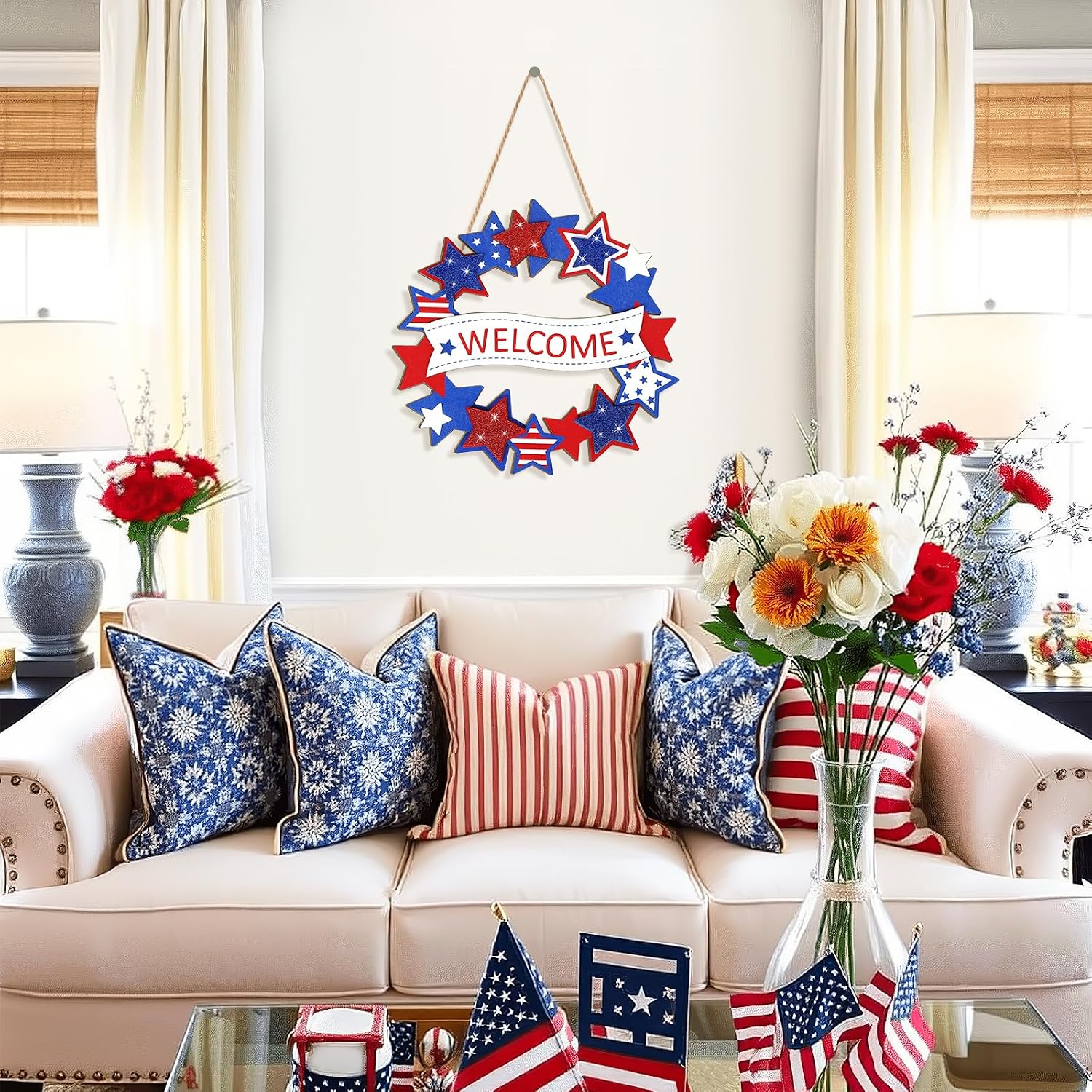Wooden 4th of July Decoration Door Wreath for Front Door Sign Star Wall Signs, Independence Day Patriotic Day Wreath Welcome Memorial Day Hanging for Home Wall Decor Party Outdoor Indoor Glitter Star