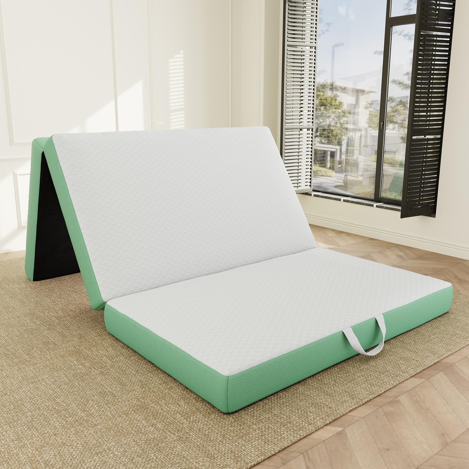 ROXGOX Memory Foam Trifold Mattress, Twin Portable Floor Bed 4 Inch, Foldable Mat with Washable Cover, Handle & Non-Slip Bottom, for RV, Travel,