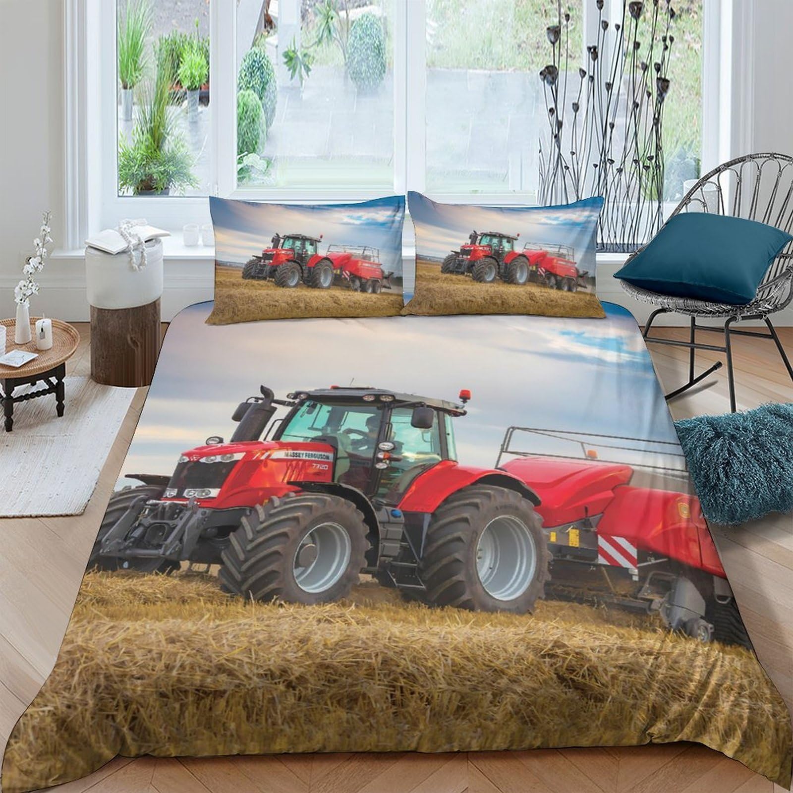 Ctjqhvkz Style-4 3D Printed Red Tractor Fitted Sheet Microfiber Rural Field Bed Cover Non-Slip Washable For Bedroom Dorm Decor Single（135X200cm）
