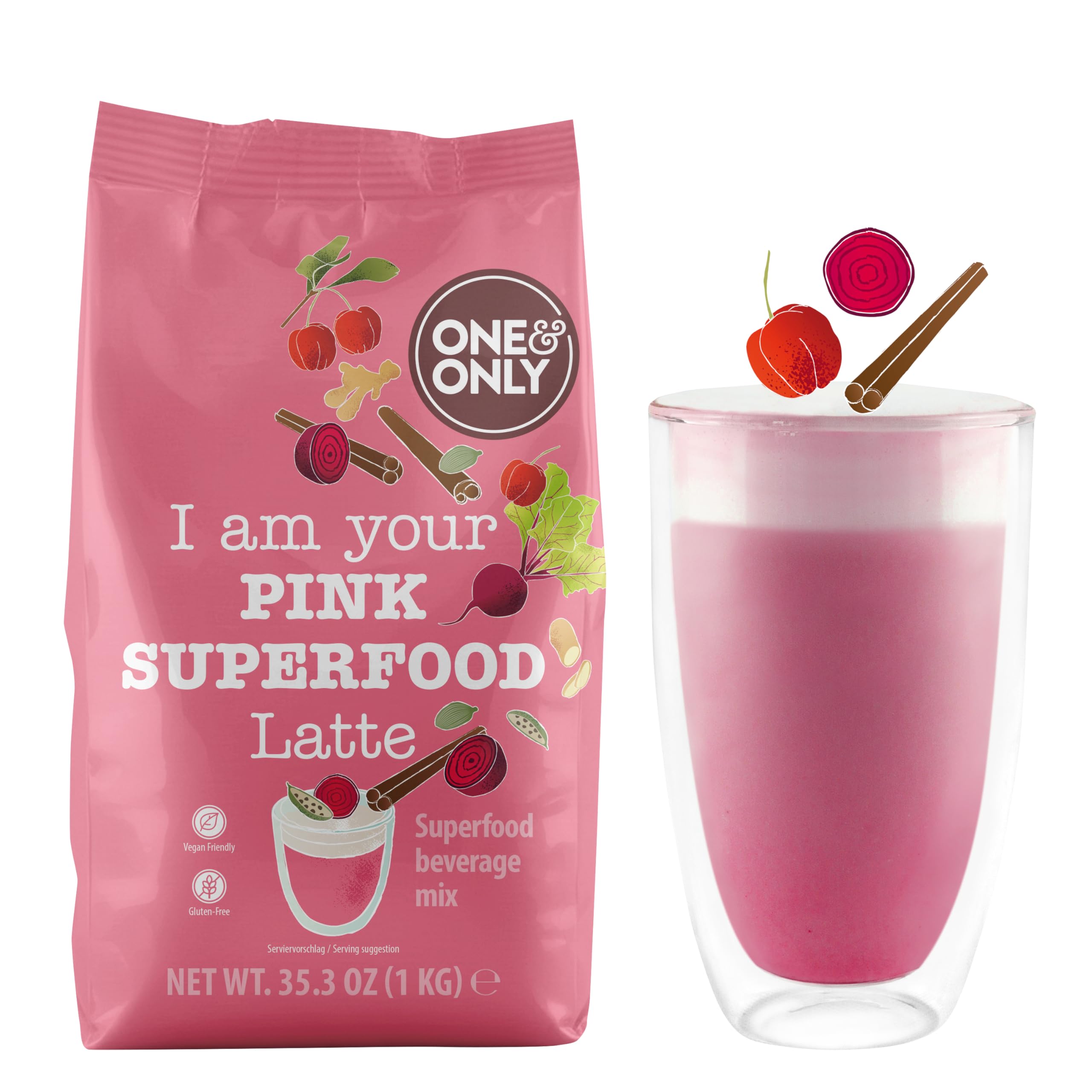 One&Only Pink Superfood Latte Pulver 1 kg – Für Vollautomaten & Zuhause – Rote Bete Latte mit Zimt & Gewürzen – Vegan, Glutenfrei – Trendiger Pink Drink