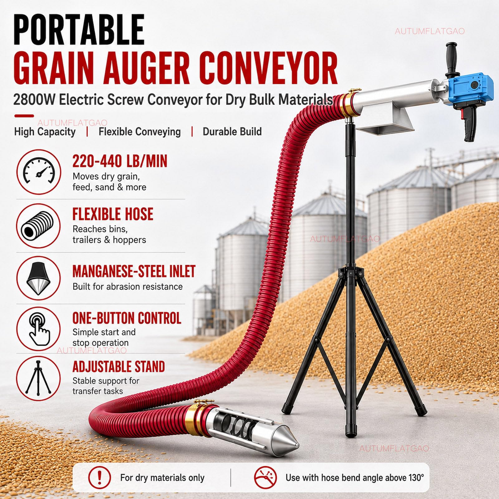 Aspiratore per Cereali 2800 W, Coclea Elettrica, 100-200 Kg/Min 4.0M