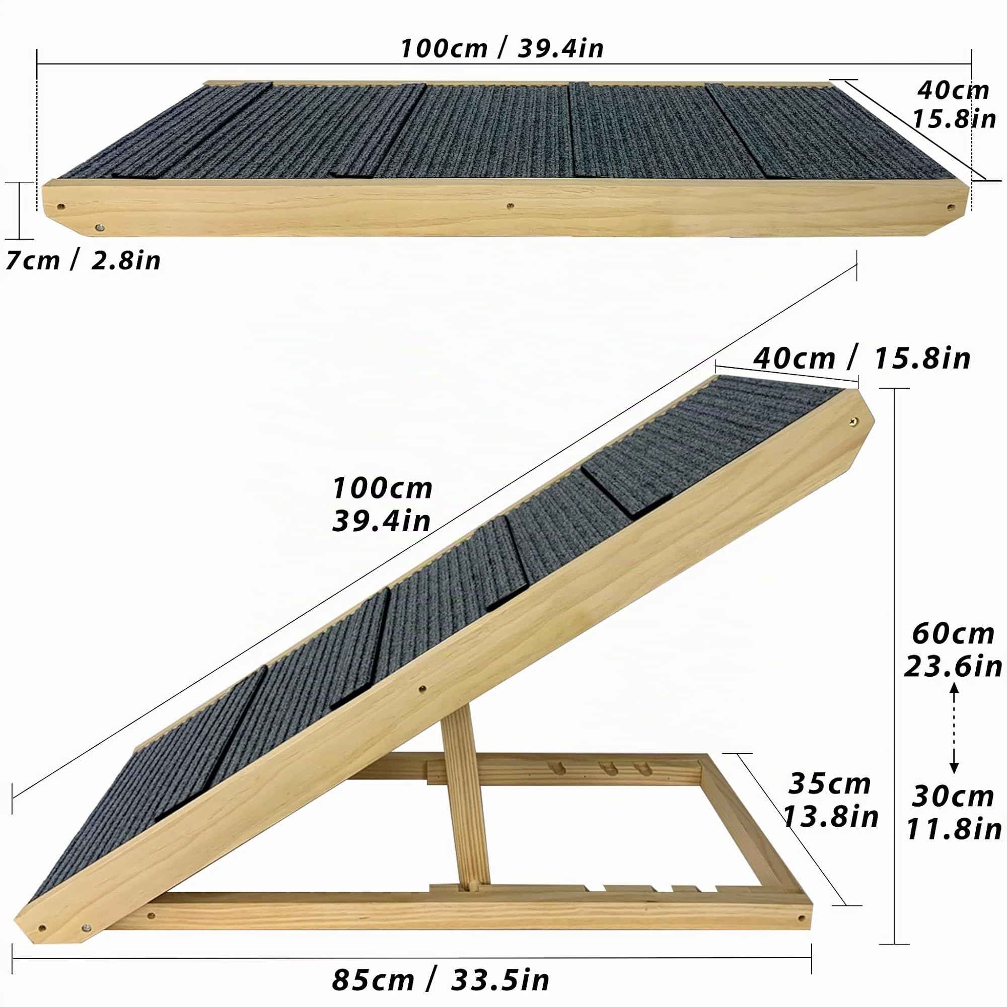 Rampa Plegable de Madera para Perros y Gatos, Altura Regulable 30-60 cm, Antideslizante, Capacidad de Carga 100 kg