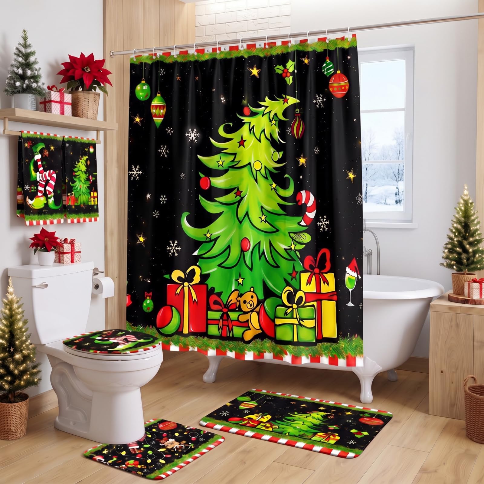 HunnmingRe 6 Pcs Christmas Bathroom Decor Lime Green and Red Whimsical