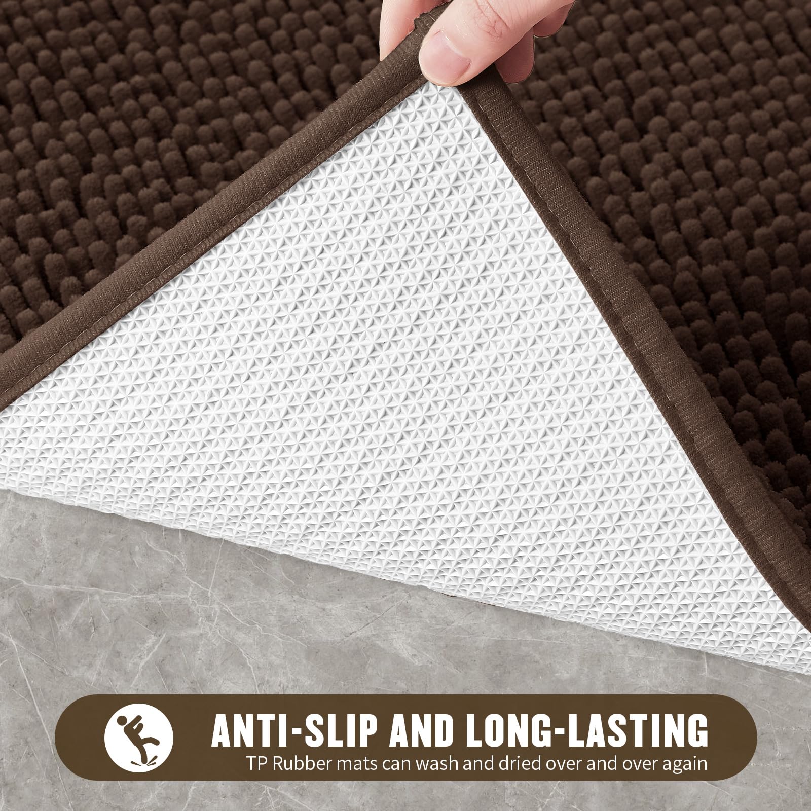 MitoVilla Lot de 2 tapis de salle de bain en chenille extra doux et absorbant – Tapis de bain antidérapant et épais à poils longs, marron, 50,8 x 81,3 cm