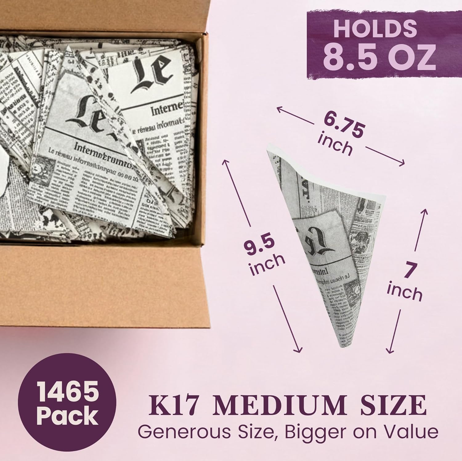 Friteshop Le Mende French Newsprint Paper Cones K-17 Medium 8.5 oz - Disposable, Grease Absorbing - Hors d’oeuvres & French Fries Holder, Takeaway Food - European Made Snack Holder - 1465 Count