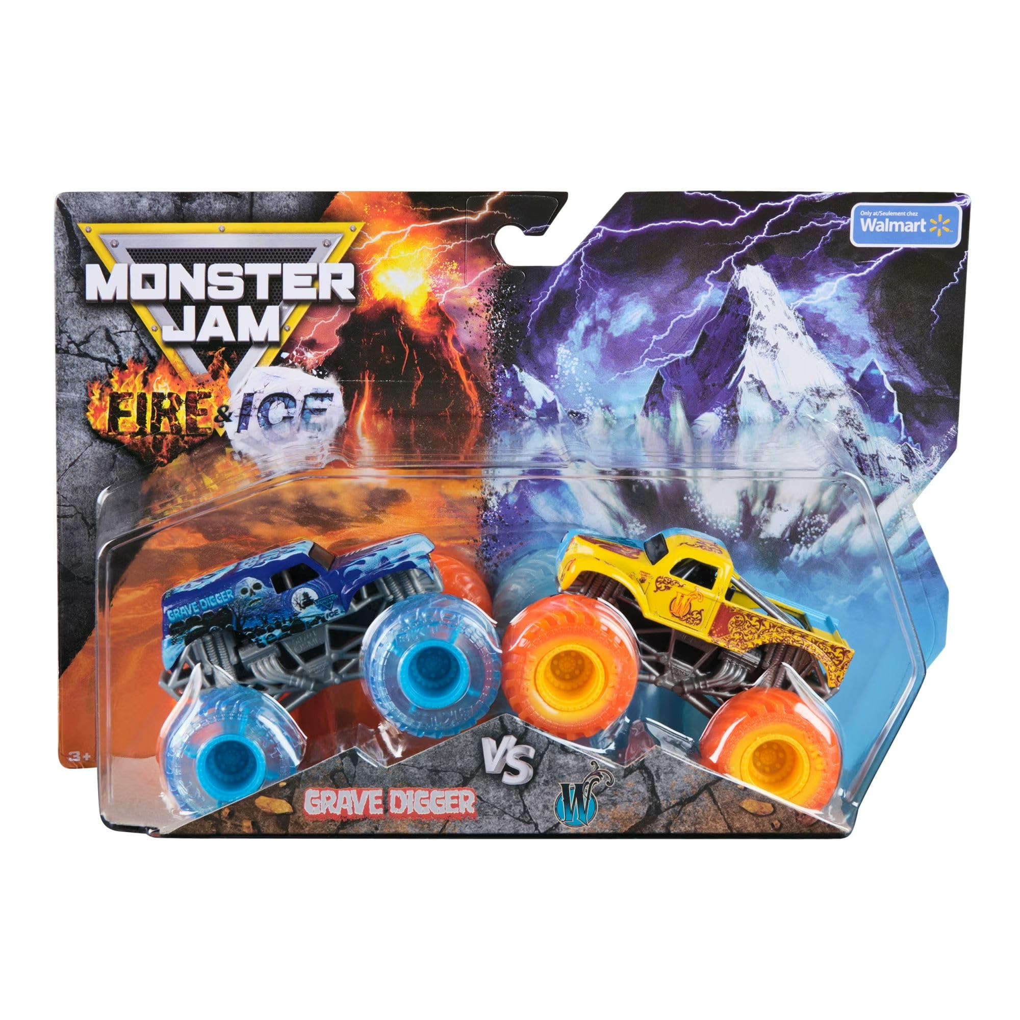 Monster Jam Fire & Ice Split Grave Digger and Split Whiplash 1:64 Scale Die-Cast Monster Trucks Vehicle 2-Pack