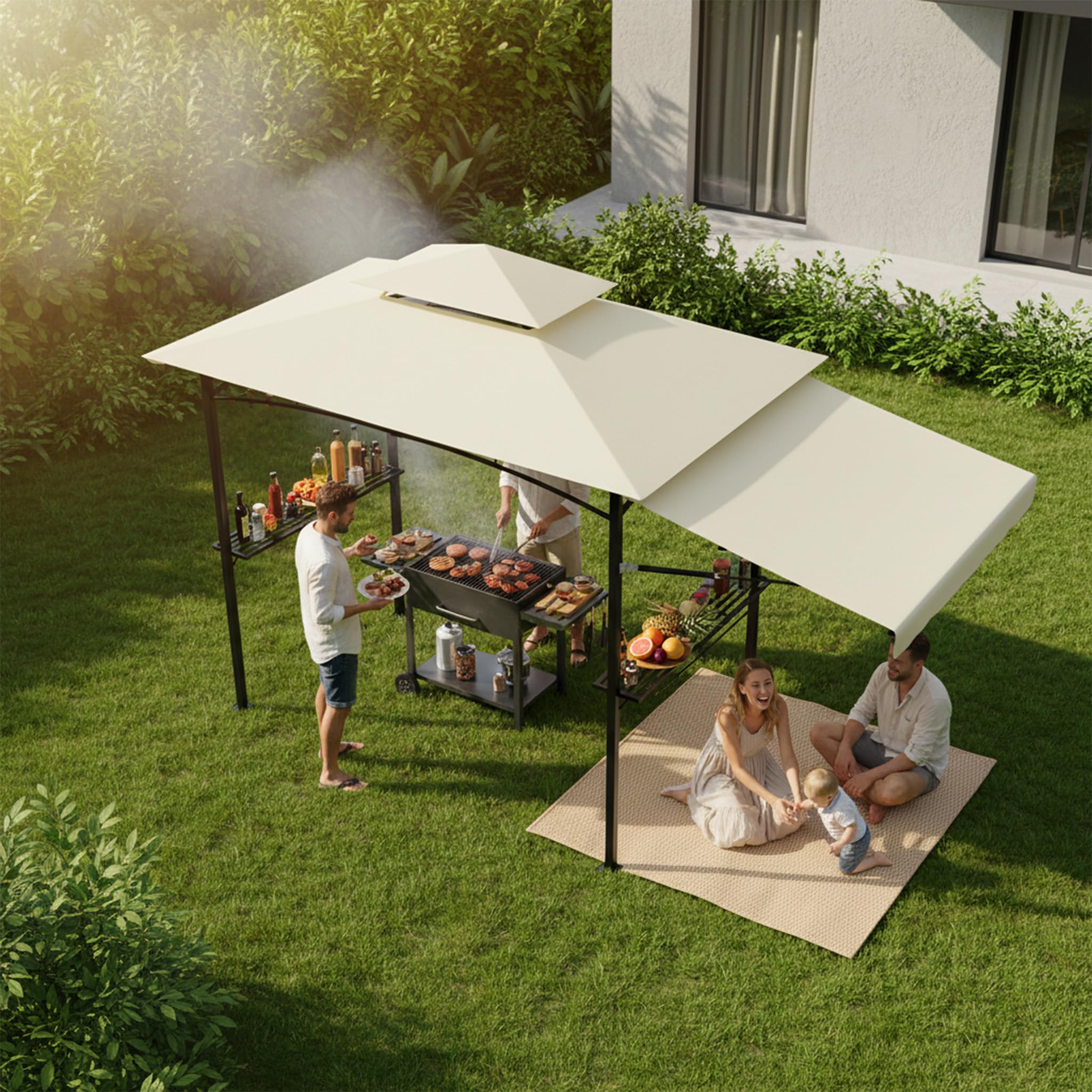 UISEBRT Tonnelle pour barbecue avec store latéral extensible, abri de barbecue avec 2 étagères, crochets et décapsuleur, double toit résistant aux intempéries pour ventilation et évacuation de la