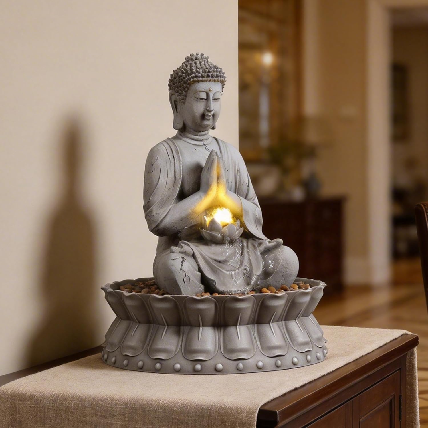 Outdoor Water Fountains Seated Buddha Lotus Help Meditation, Relaxation, and Tranquility with Warm LED Lights Fit Yard, Garden, Lawn