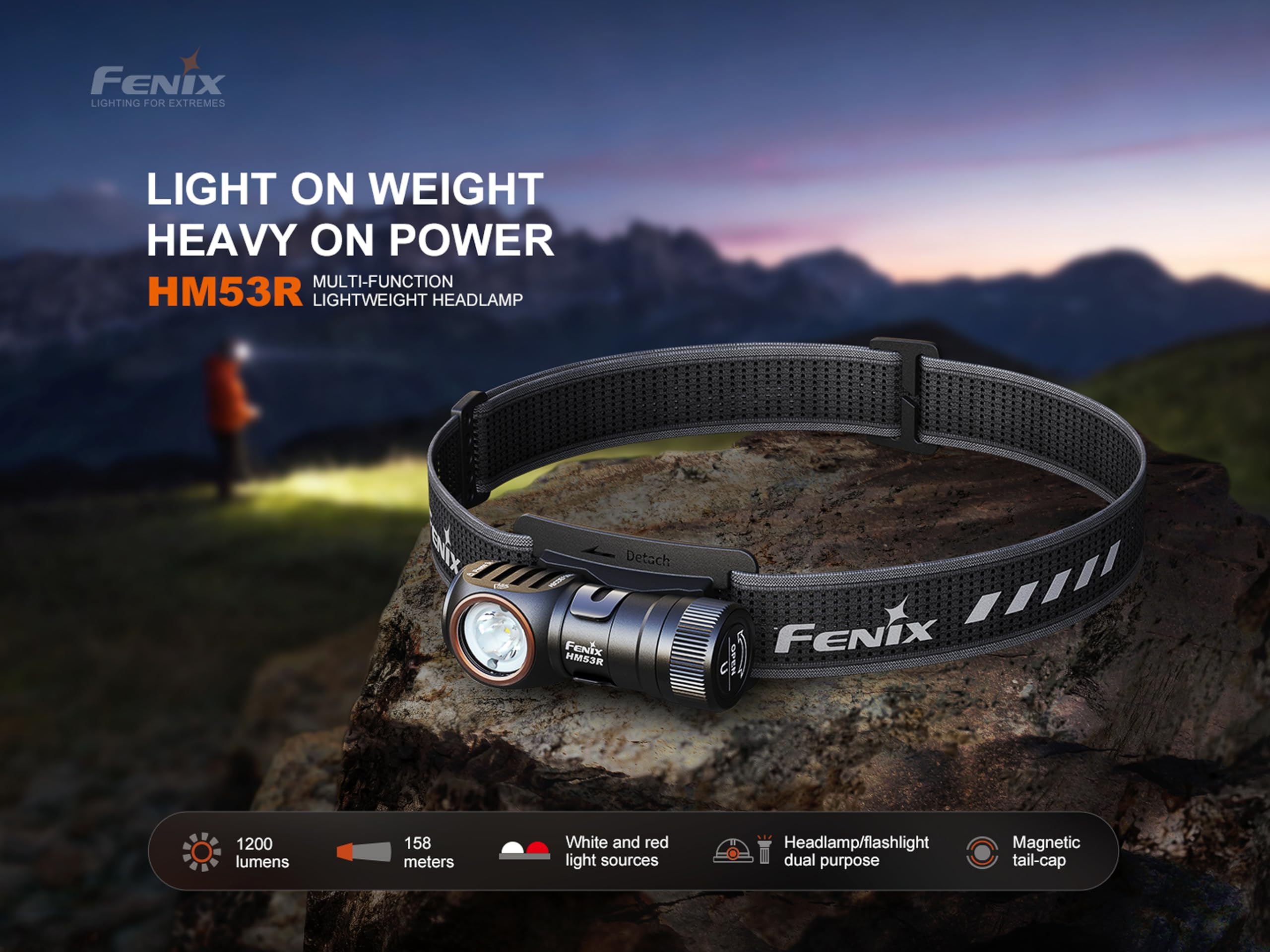 Fenix HM53R Akumulator zewnętrzny reflektor | 1200 lumenów | 158 m | maks. 135 godzin | reflektor kątowy 2 w 1 | białe i czerwone oświetlenie | podstawa magnetyczna | IP68
