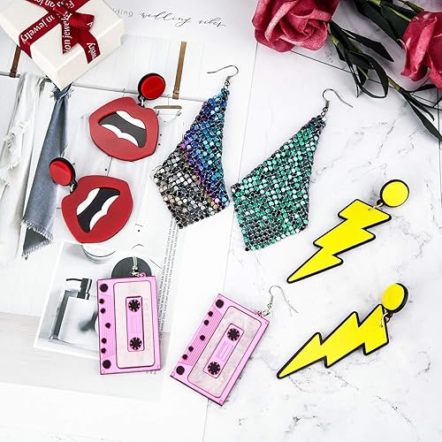Miniatura 4 de Hicarer 4 pares de aretes de los años 80 para mujer, aretes de neón de los años 90, joyería retro para fiesta brillante, disfraz de los años 80,