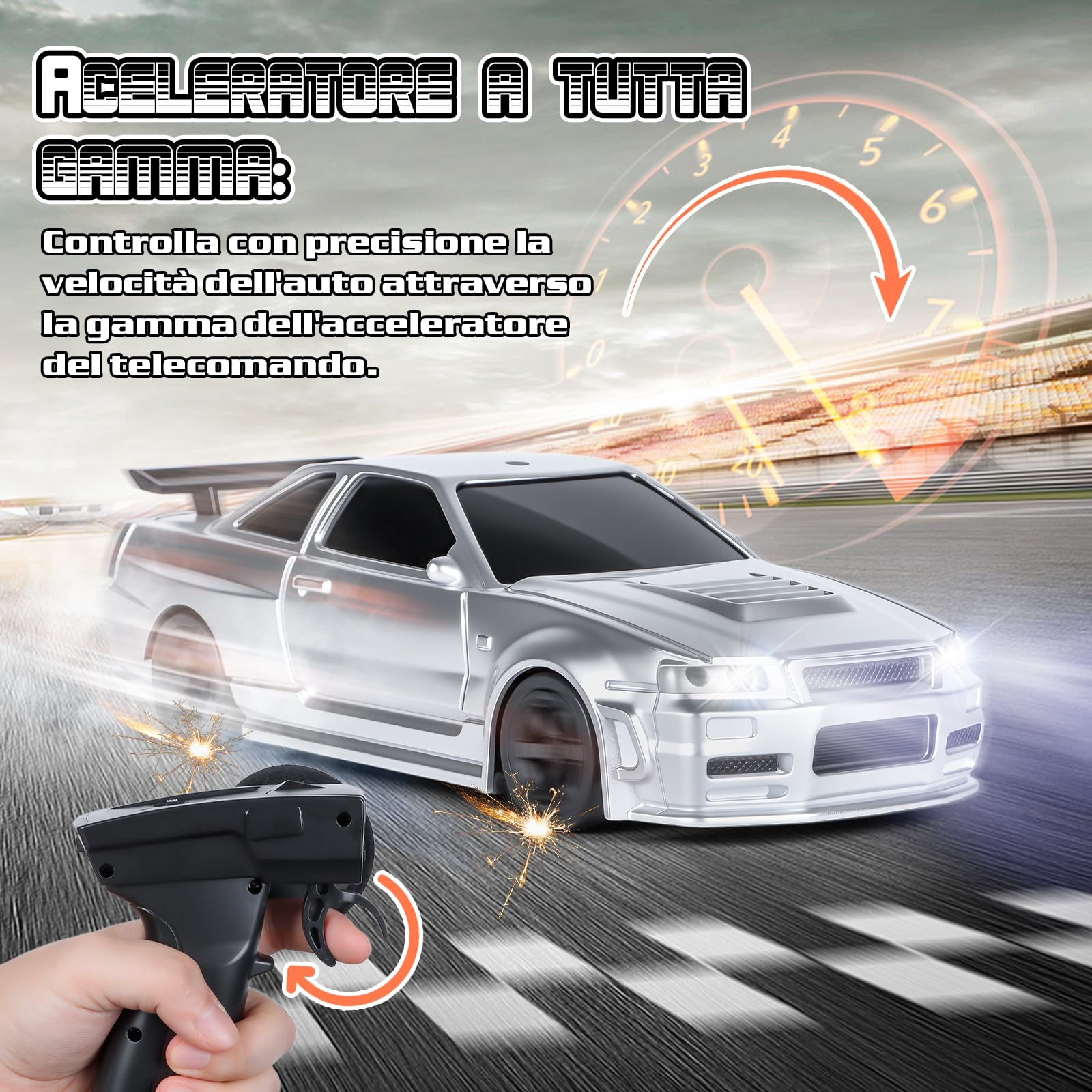 JONRRYIN RC Auto Drift 1:43, Macchina Telecomandata Drift, Mini Drift Car, Micro Macchina Telecomandata con Luce LED, 15km/h, Auto Giocattolo per Bambini di 14 Anni (Grigio - Standard)
