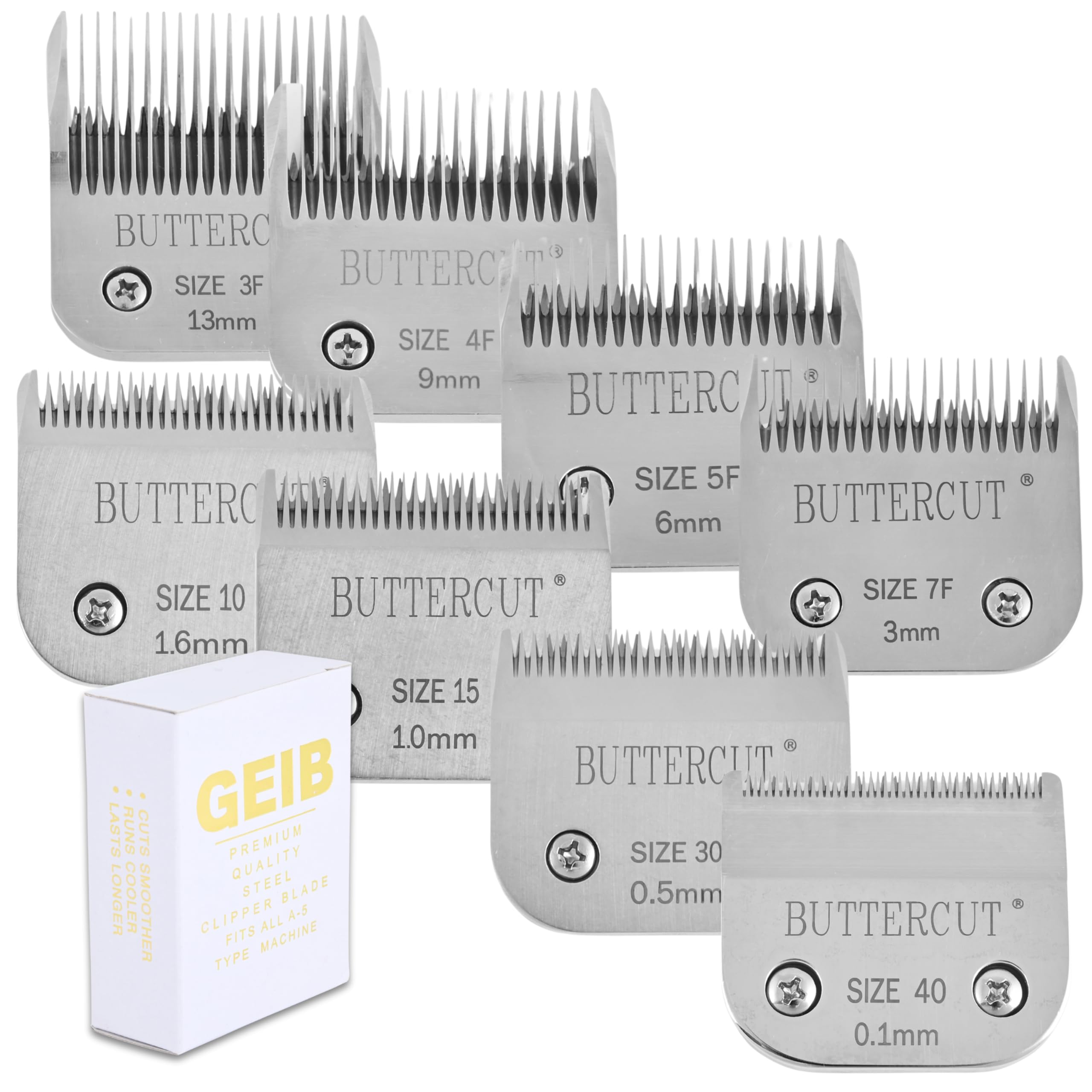 Geib Buttercut Detachable Replacement Dog Clipper Blades - Complete 8 Pack Set, Stainless Steel Long-Lasting Sharp Edges, Compatible with Andis A5,