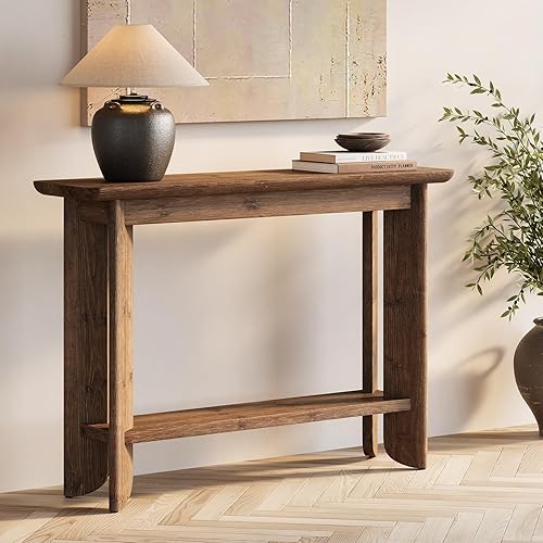 Miniatura 7 de LITTLE TREE Mesa de sofá de 41.3 pulgadas, mesa consola de madera maciza de 2 niveles para sala de estar, moderna mesa de sofá detrás del sofá, mesa