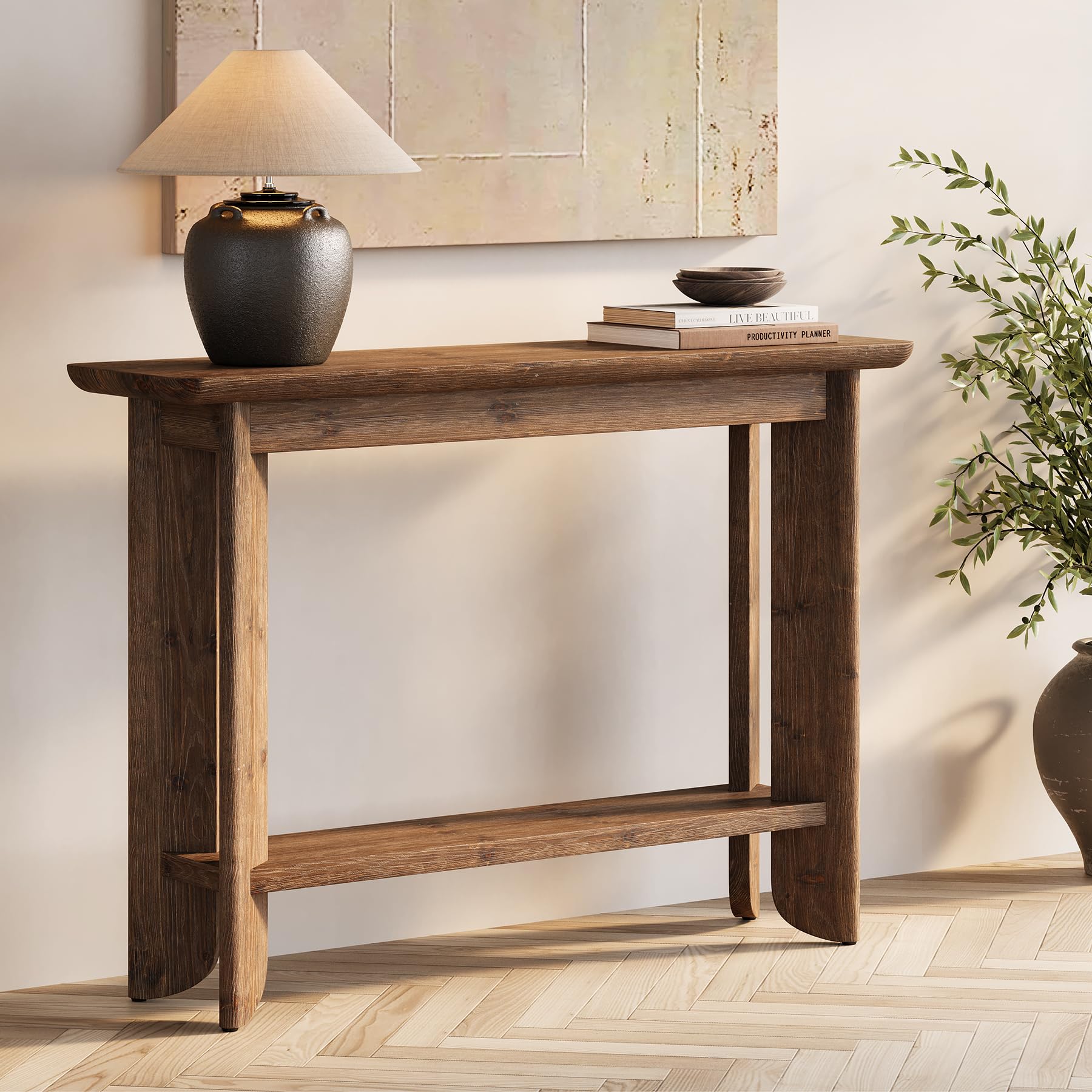 Mesa Consola 105 cm, 2 Niveles, Mesa Auxiliar Entrada con Almacenamiento, Estilo Granja, Nogal Oscuro, para Recibidor, Salón, Detrás del Sofá