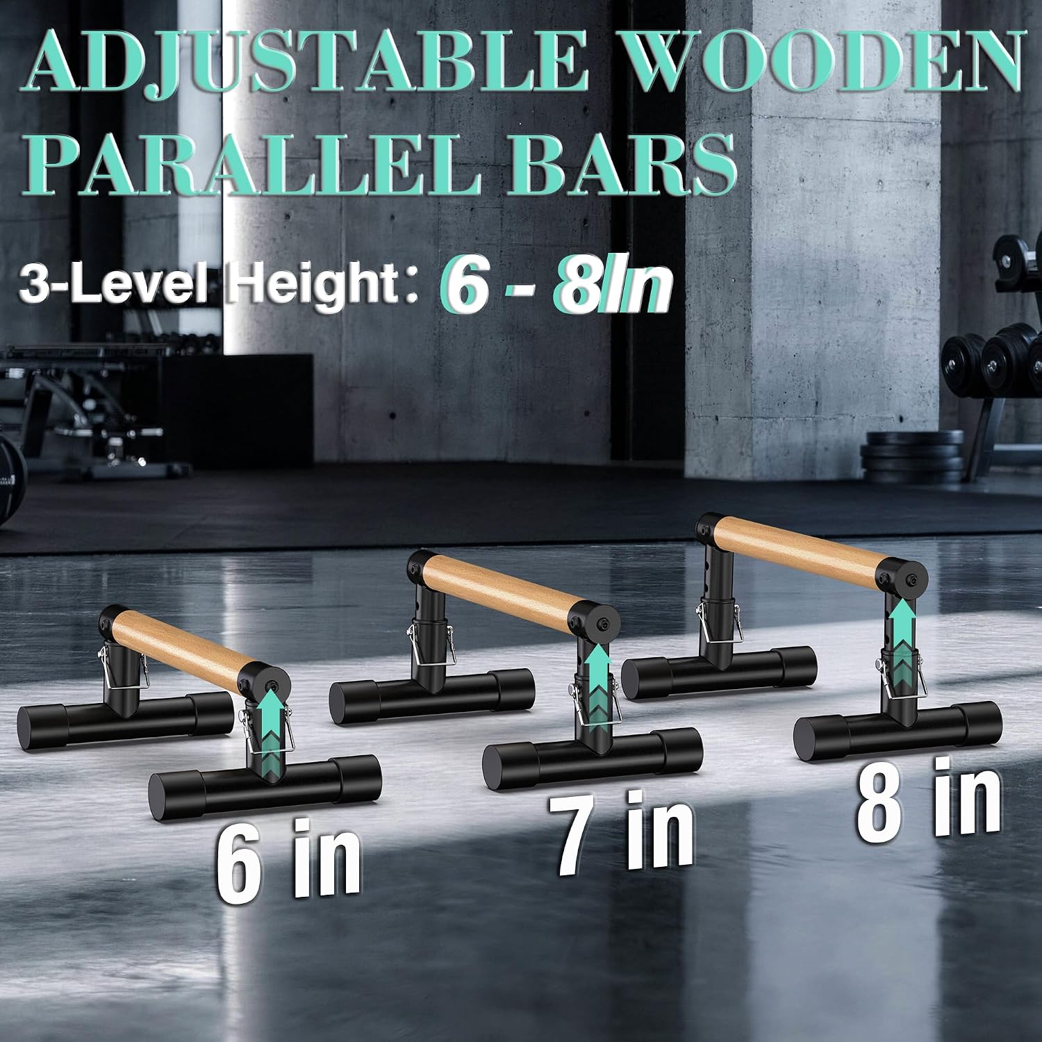 GanFindX Wooden Parallel Bars, Adjustable 6-14In,550-600lb Capacity | Natural beech wood push-up bars with a non-slip steel base for handstands, L-sits, gymnastics and home strength training.