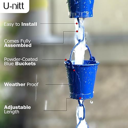 Miniatura 4 de U-nitt Cadena de lluvia de aluminio de 8-12 pies, revestimiento de polvo azul, bajante alternativo para canalón, taza de cubo de granja, 8.5 pies de