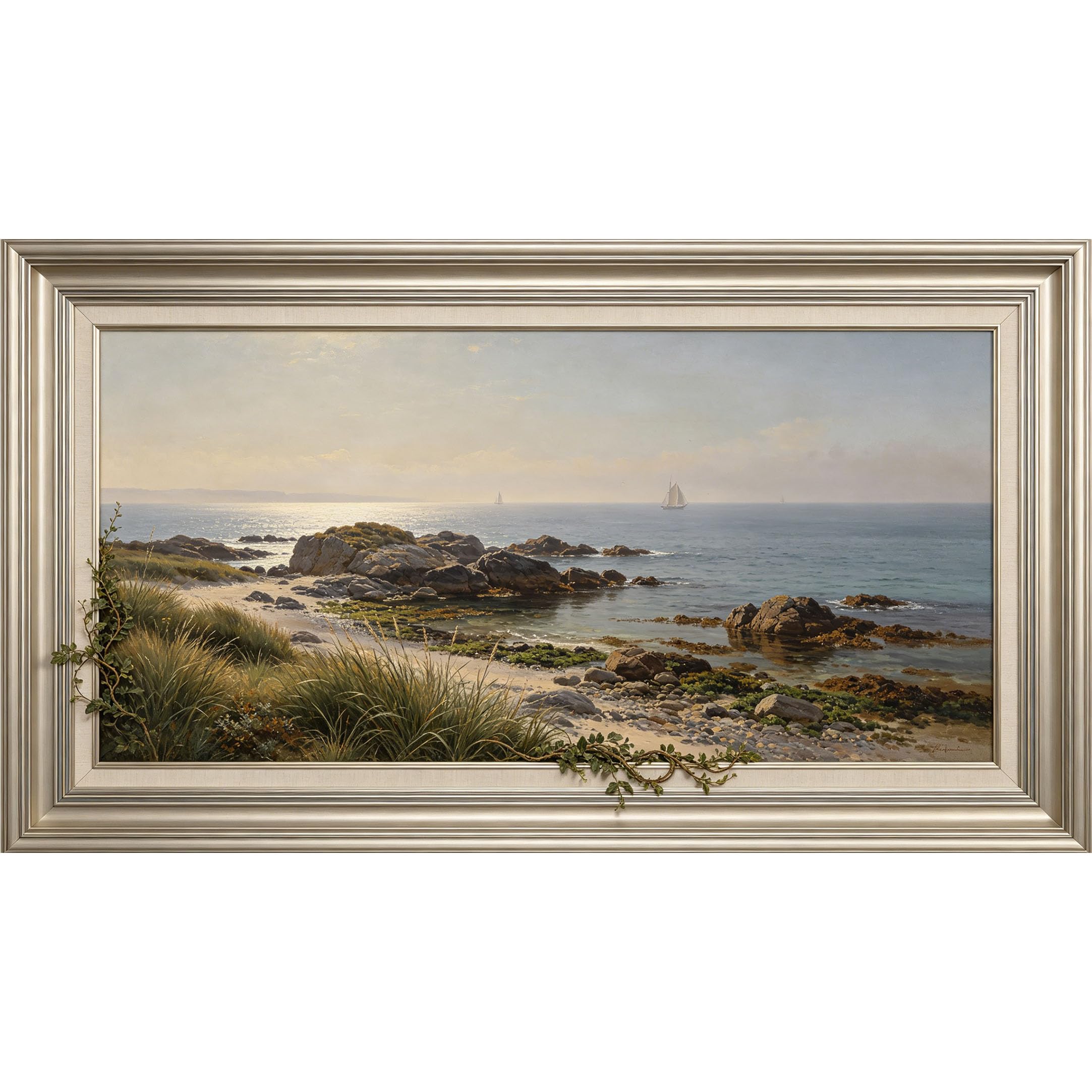 QZLITHOTIC 50×100cm 3D Framed Wall Art， Coastal Seaside Landscape with Sailboats and Rocky Shore Self?Adhesive Mural， Water?Activated Peel & Stick Fabric Decor Wall Decal for Bedroom Living Room