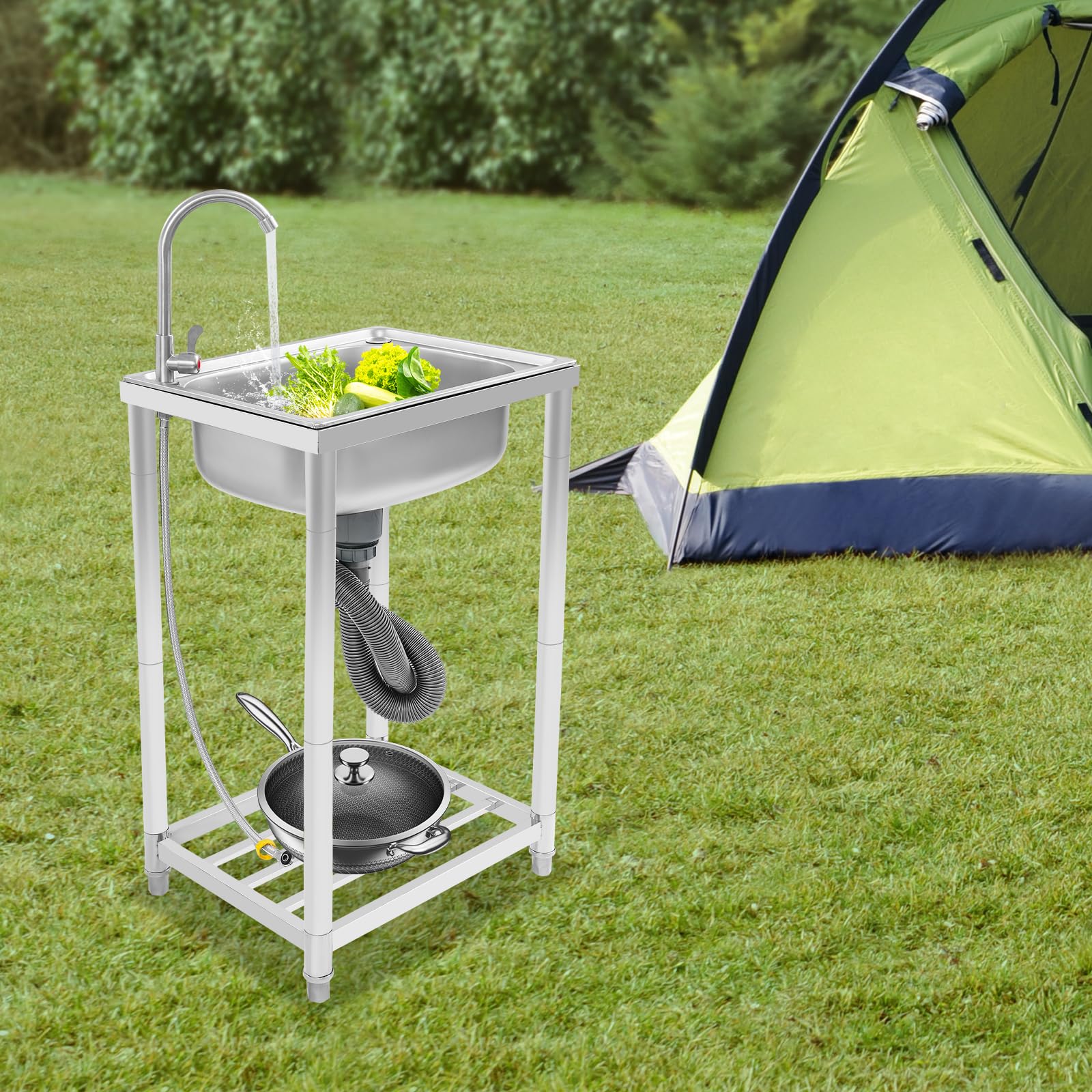 Edelstahl Spültisch 50×40×82 cm, freistehendes Waschbecken | 360° schwenkbarer Wasserhahn, untere Ablage, 50 kg Tragkraft, für Küche, Garage, Garten und Gastronomie