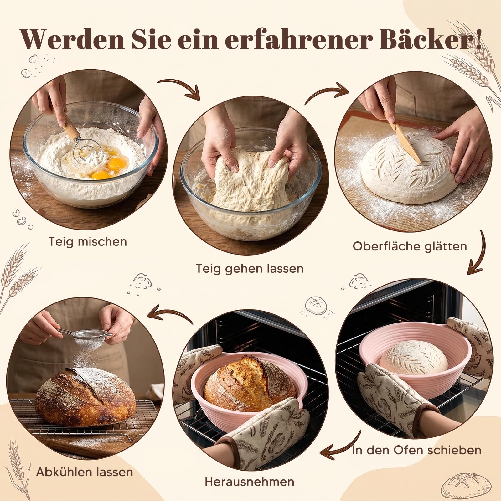 MQFORU 12-Teiliges Sauerteig Starter Set, 2 Klappbare Silikon Gärkörbe (29cm Ovale & 28cm Runde), 730ML Sauerteig Glas Set, Komplettes Brot Backen Zubehör für Anfänger & Erfahrener Bäcker