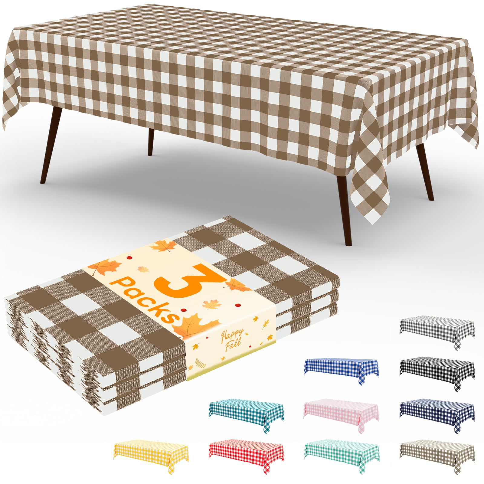misaya 3 Packs Buffalo Disposable Table Cloth, 54 x 108 Inch Waterproof Plastic Tablecloth, Rectangle Brown and White Checkered Table Covers for Fall, Thanksgiving Decorations