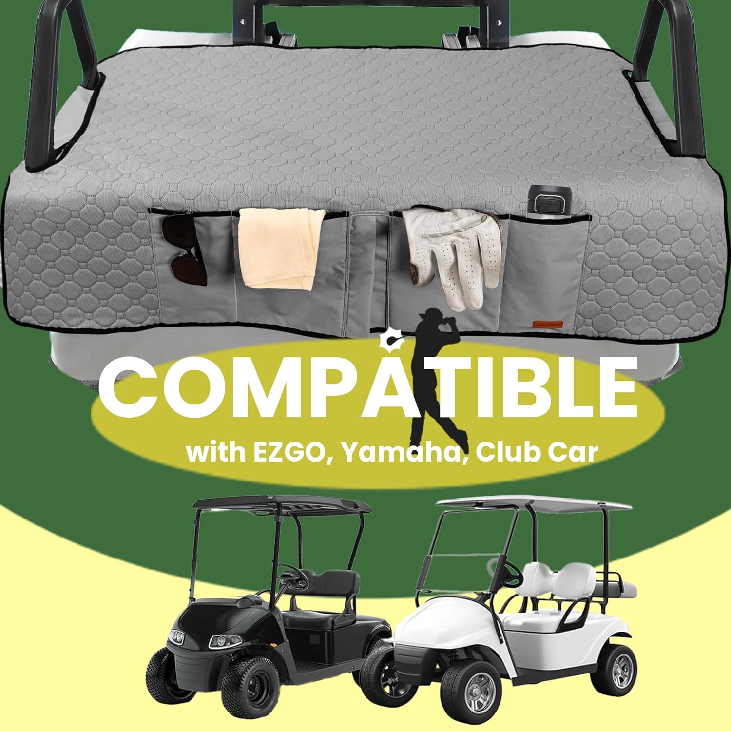 CROTIRAD Golf Cart Seat Covers with 4 Side Pockets, Universal Club Car Seat Covers Towel Blanket with 4 Front Pockets & Nonskid Bottom Compatible with EZGO and More 2 Person Seats Golf Carts, Gray