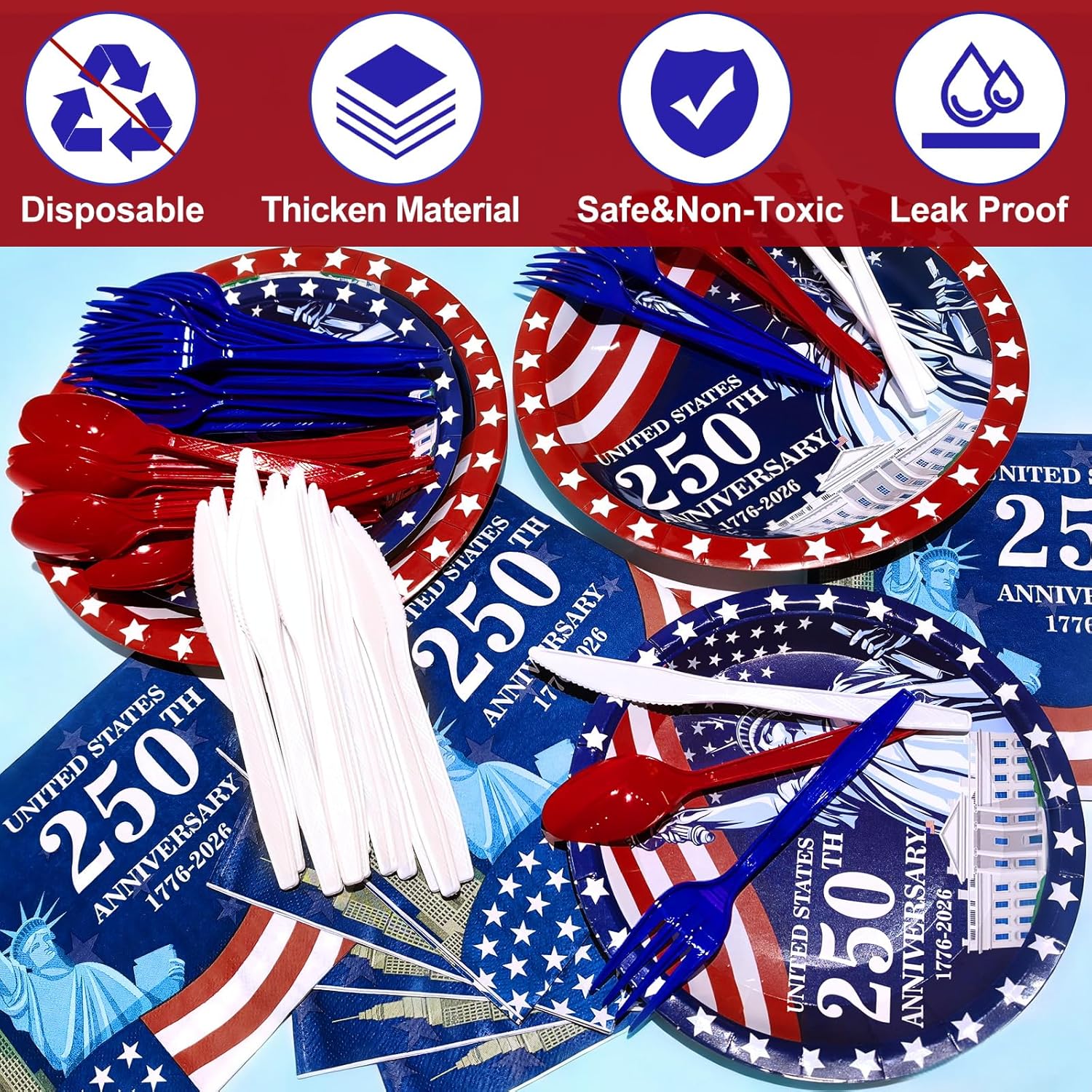 300 Pcs 250th Anniversary 4th of July Decorations American Flag Patriotic Party Supplies Set - Serve 50, 4th of July Disposable Paper Plates Napkins Cutlery Knives Forks Spoons Red White Blue Decor