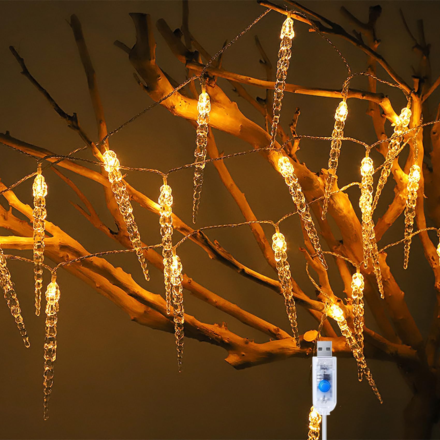 Guirnalda de luces LED de carámbanos con alimentación USB, 10M/80 LED de cristal acrílico, cortina de iluminación para Navidad (Blanco cálido)