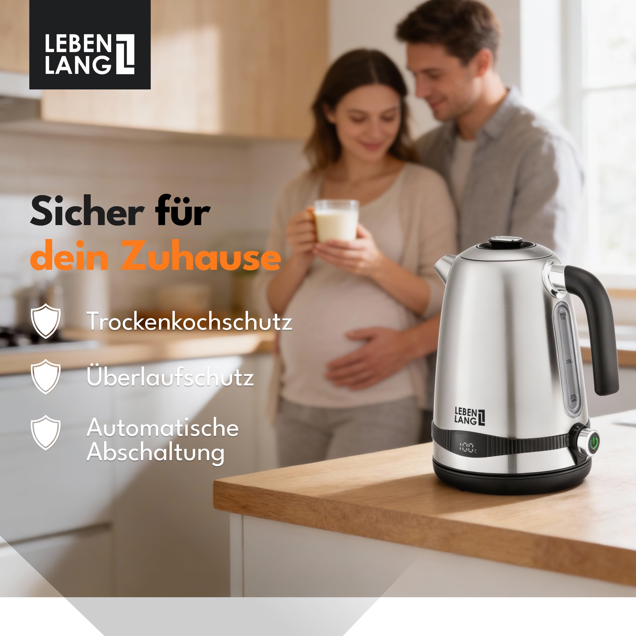 LEBENLANG Wasserkocher Edelstahl Temperatureinstellung – Leise, Temperaturanzeige & Warmhaltefunktion - 1,7 Liter & 2200W | Electric Kettle | Temperatur Edelstahl Wasserkocher Retro ohne Plastik