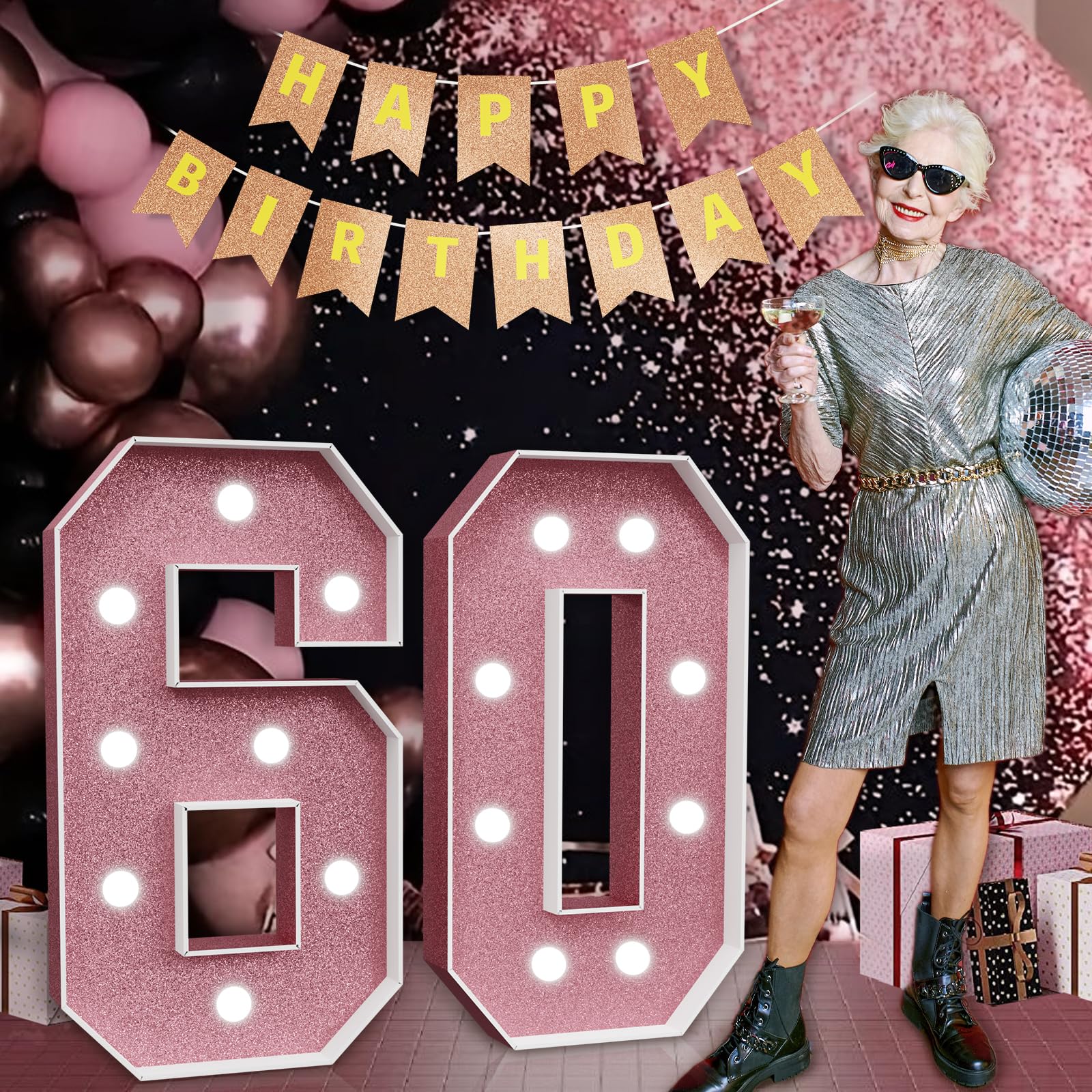 Marquee Numbers Pink 60th-Birthday Decorations: Large 3ft Light Up Number Rose Gold 60 Birthday Decoration for Women Men Sixty Year Old Anniversary