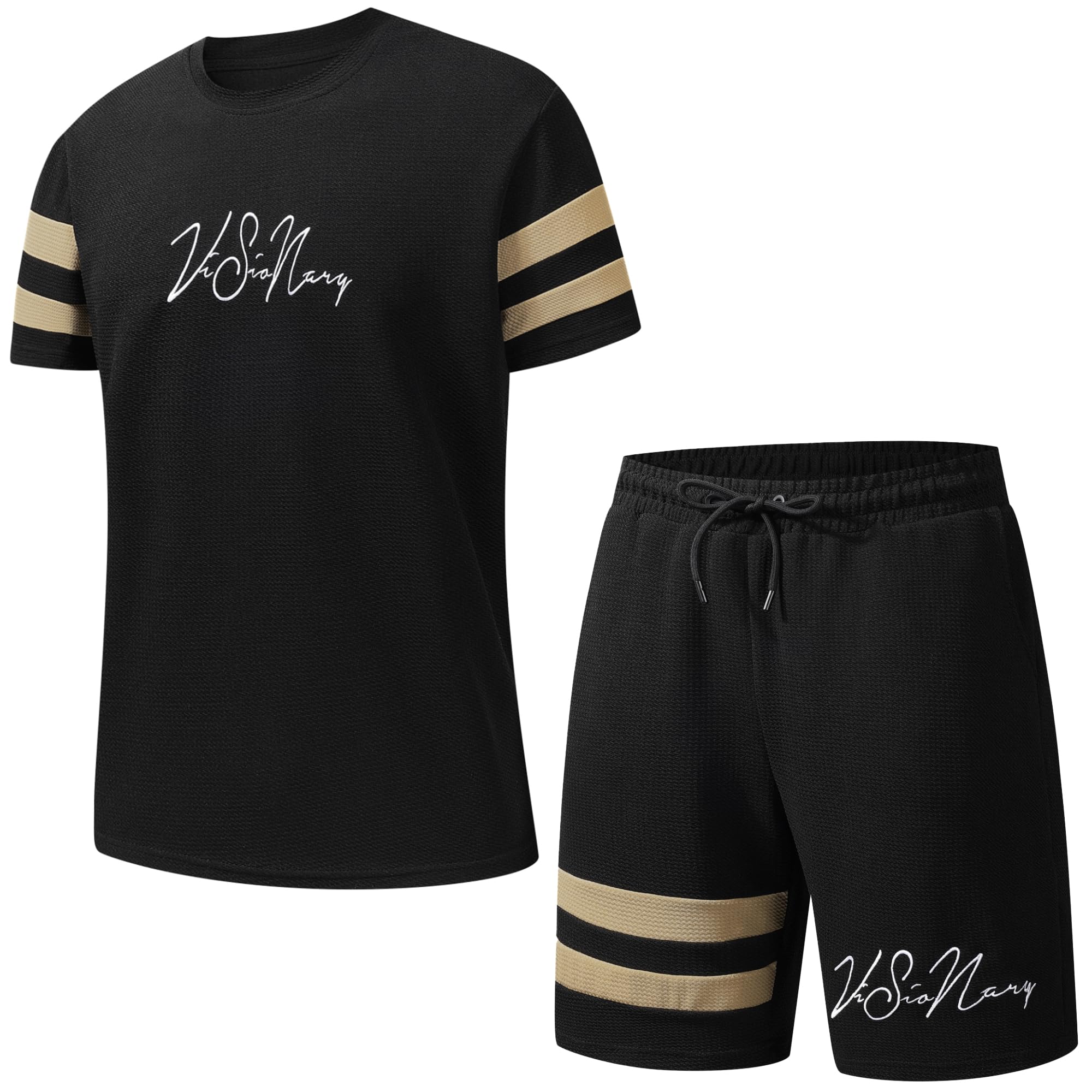 Vibes Men's T-Shirt & Shorts Set Mens Summer Tracksuit Textured Waffle Material Premium Short and T Shirt Summers Outfit for Men Size S M L XL XXL (Black, S)