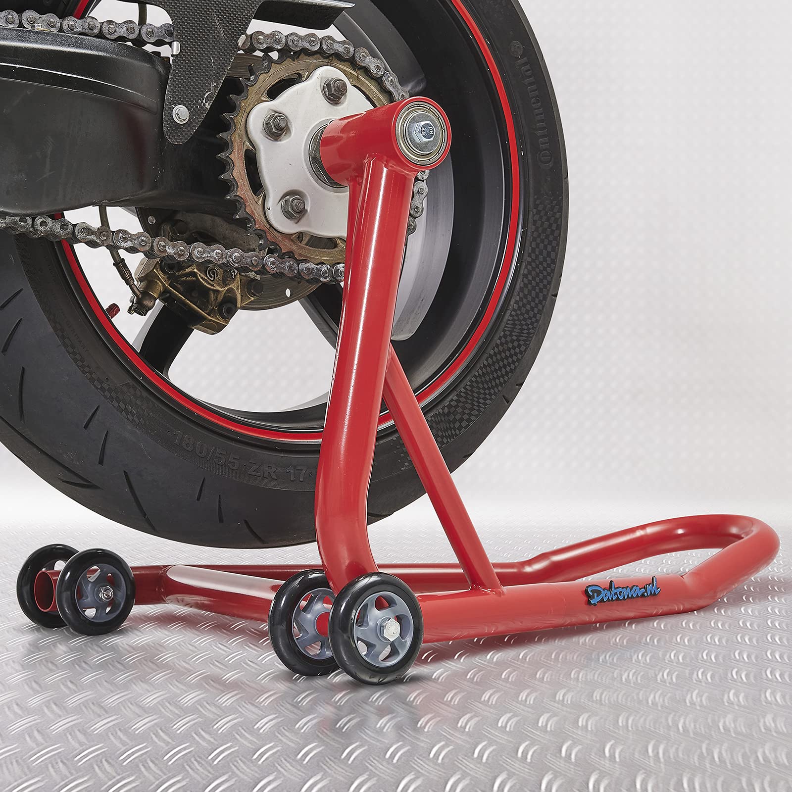 Einarm Motorrad Montageständer - Hinterradständer für einseitige Schwinge mit 21,7 & 25,7 mm Aufnahme - 200 kg Tragkraft, 4 Rollen, Schwarz