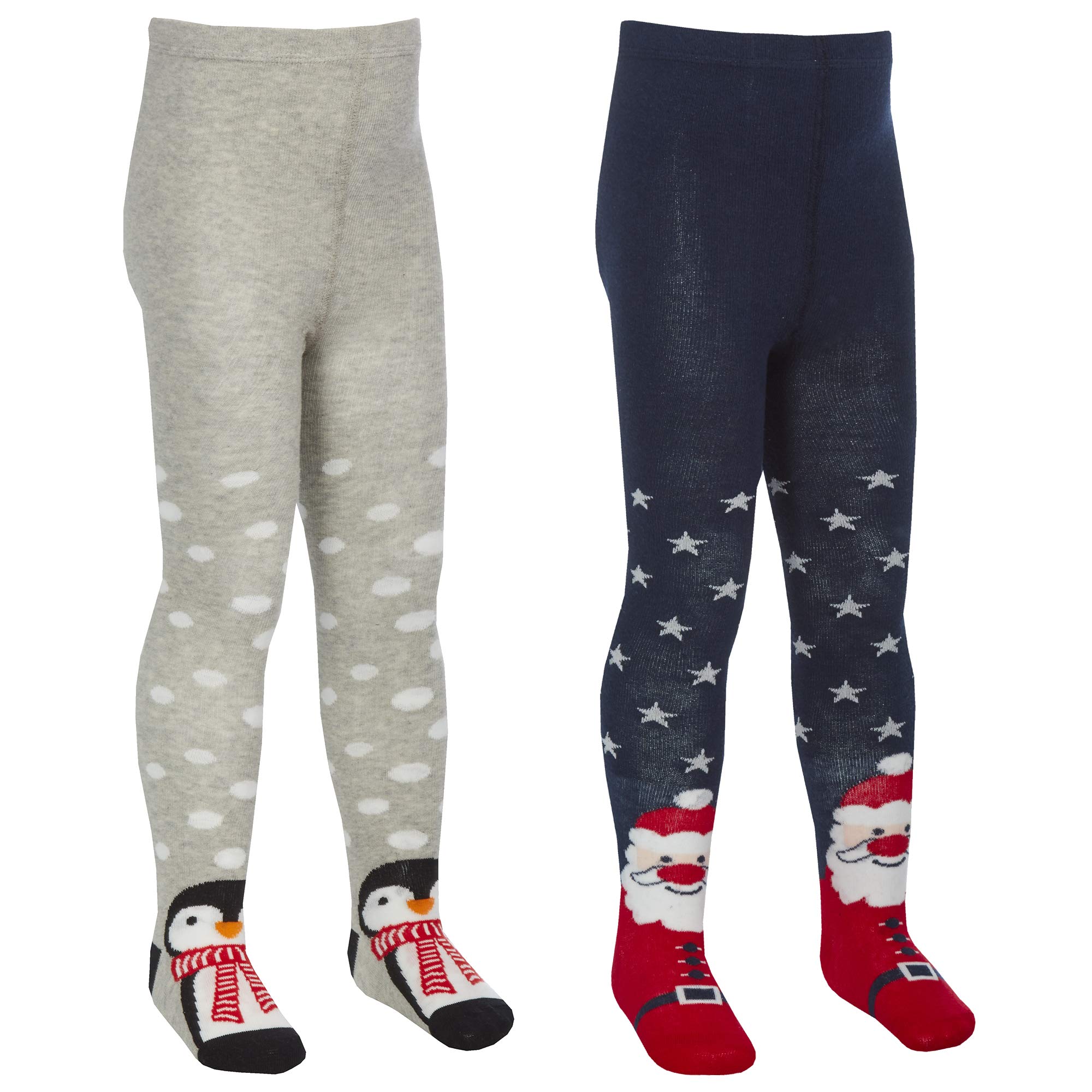 Metzuyan Girls 2 Pairs - Grey & Navy Kids Cotton Rich Novelty Xmas Tights Penguin Santa Designs Christmas 2 Pack 2-3