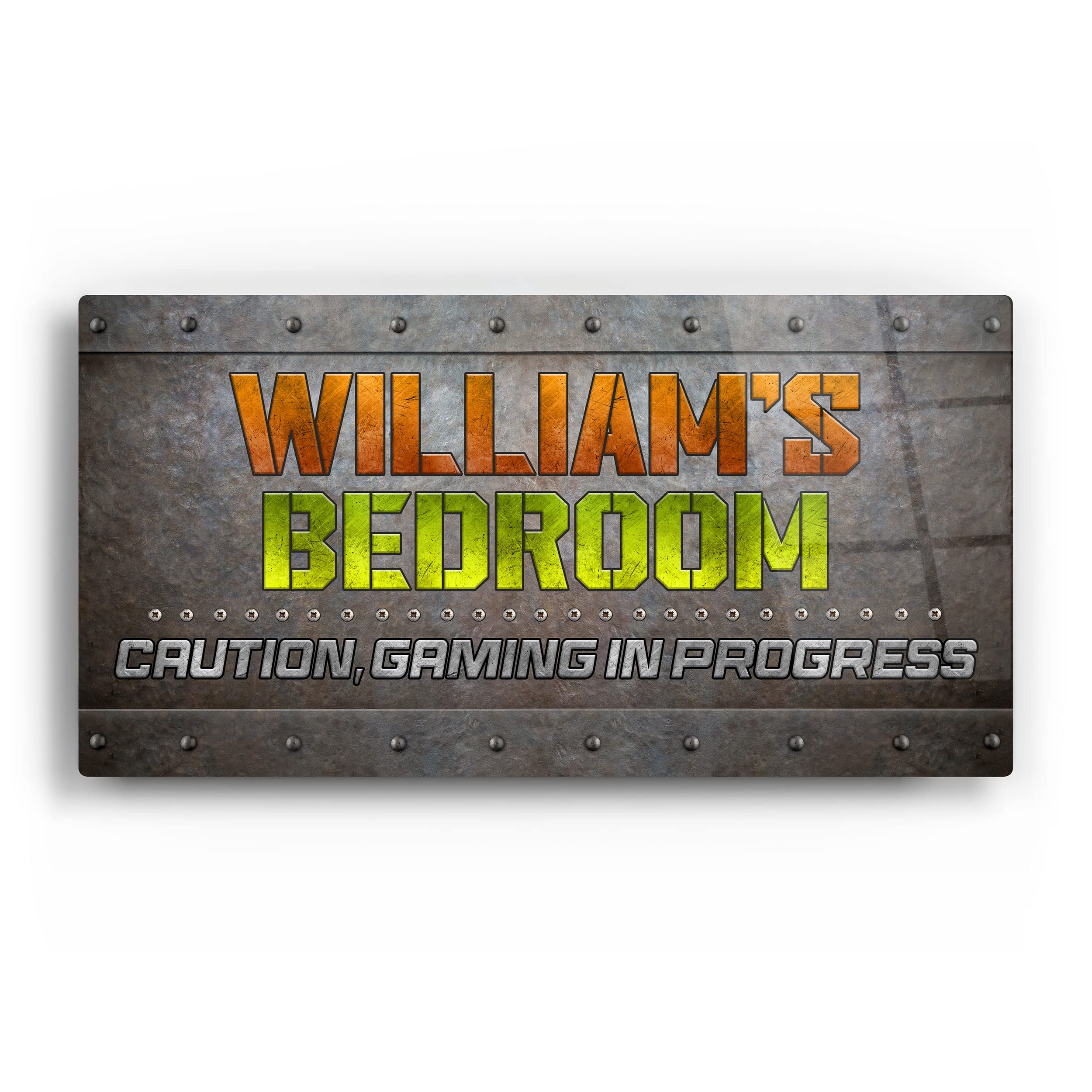 Personalised Gloss Metal Gamer Room Sign 4. Metal Rust Gaming Sign. Boy or Girl Gaming Bedroom Door Sign with Name & Message.