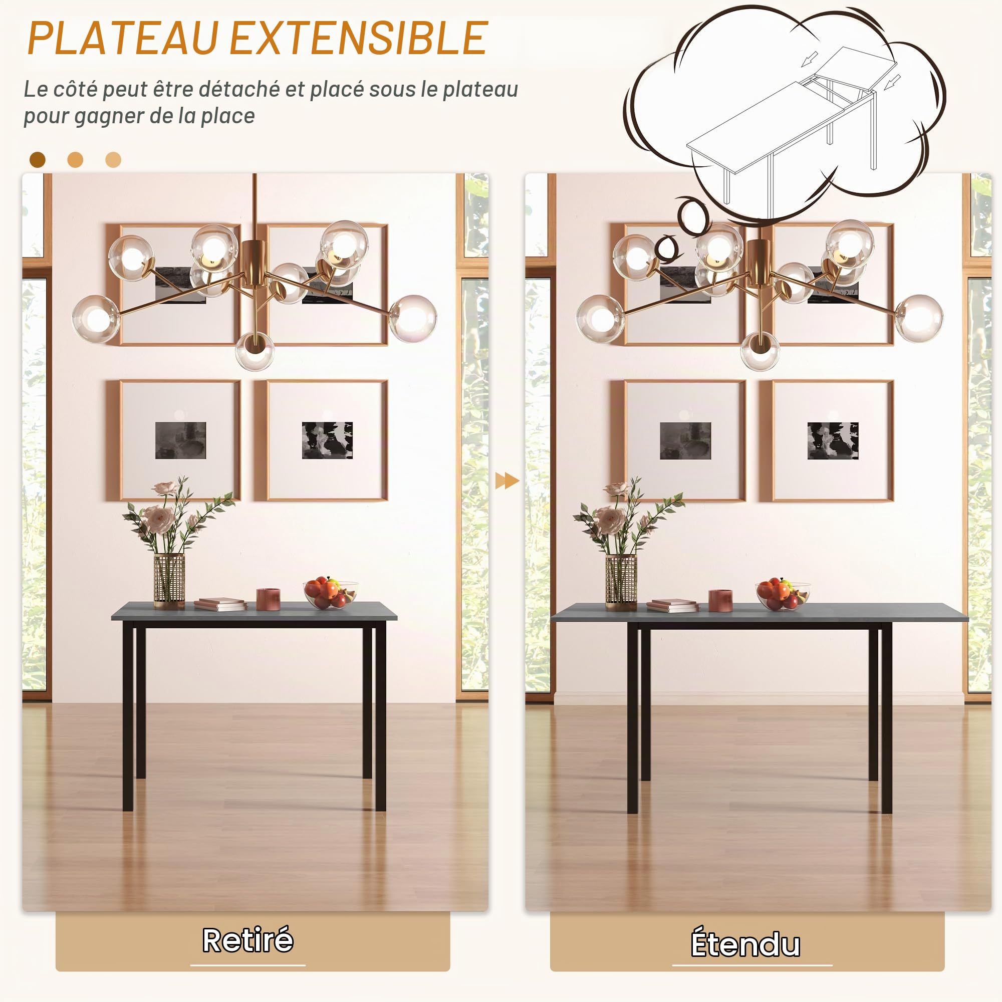 HOMCOM Table à Manger Extensible pour 6 Personnes Grand Plateau Gris Foncé | Table de Cuisine, Cadre en Acier, Design Moderne