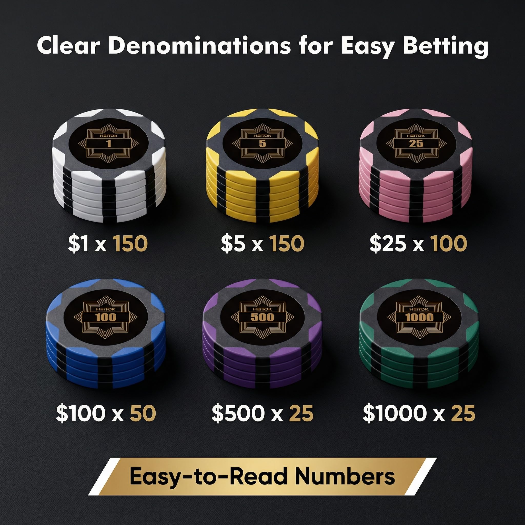 HEITOK Premium Pokerkoffer 500 Chips Set 14g | Clay Composite Chips mit Werten im Aluminiumkoffer | Inkl. 2 Kartendecks, Würfel & Dealer Button | Für Texas Hold'em & Casino Nächte - 3