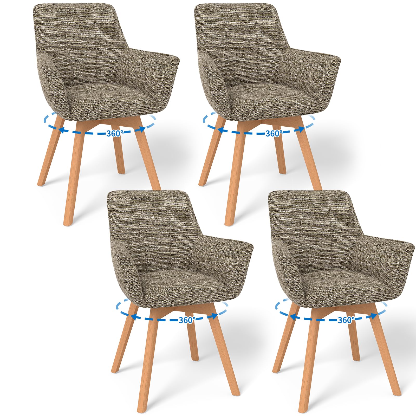 LONGTOO Swivel Dining Chairs Set of 4, 360° Swivel Chair with Armrests, Wooden Legs, Upholstered Chair for Dining Room, Living Room, Kitchen, Bedroom, Brown