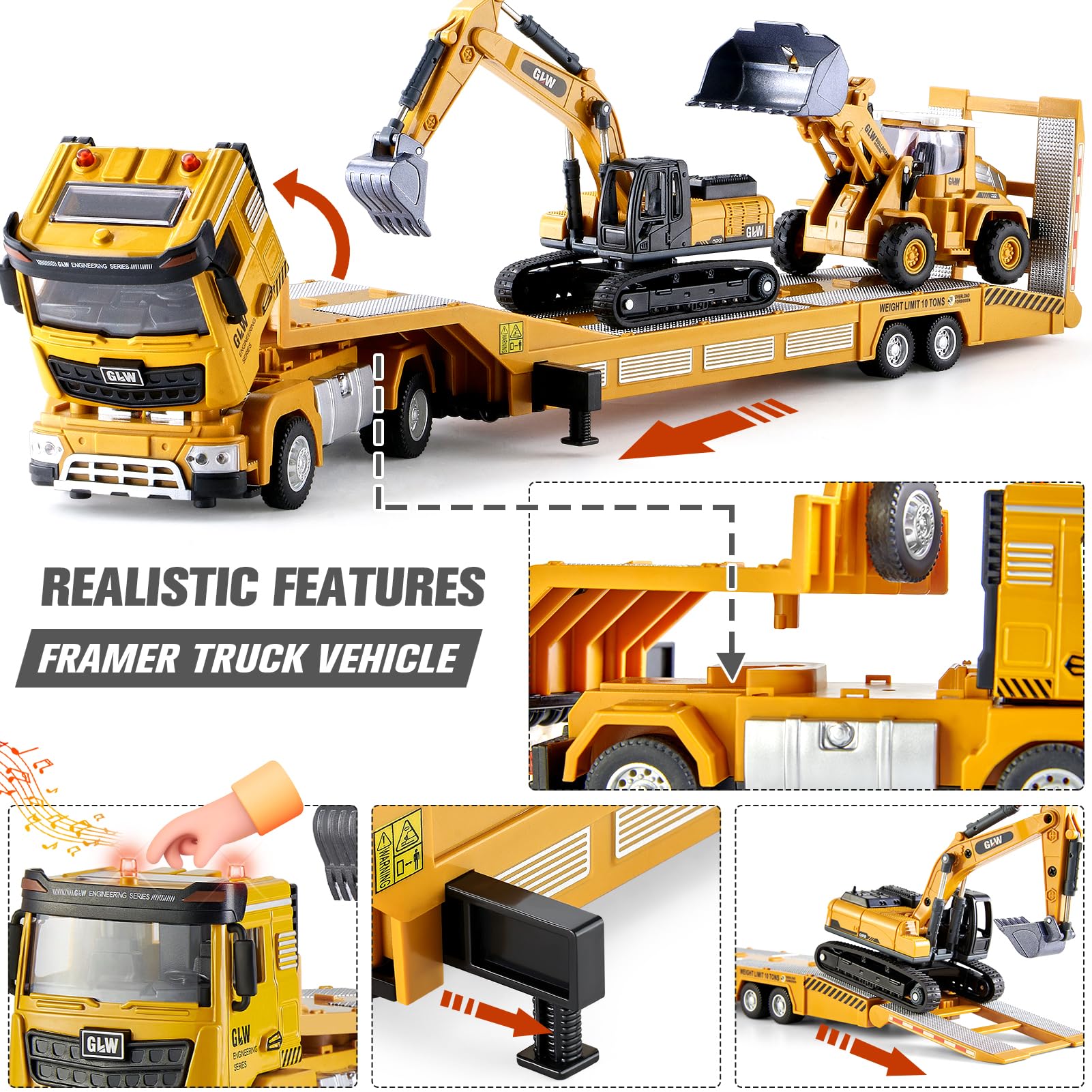 G.C Baufahrzeuge Kinder 1: 40 LKW Spielzeug mit Bagger Bulldozer, Langes Baustellenfahrzeuge Autotransporter Lastwagen mit Licht und Sound Kinder Spielzeug Geschenk für Junge 3 4 5 6 Jahre