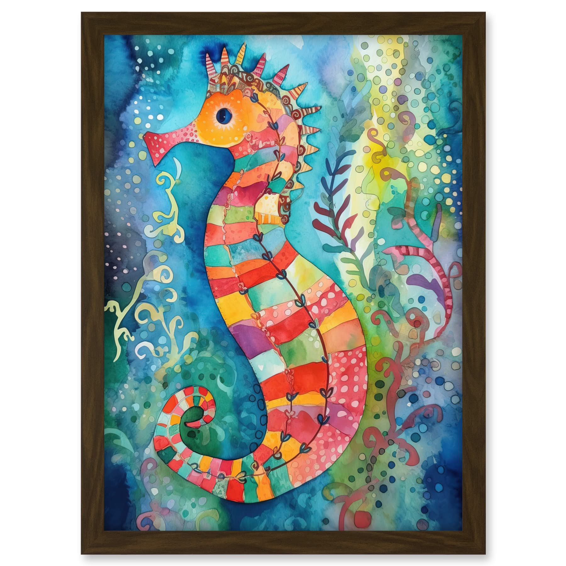 Artery8 Seahorse In Aquatic Plants Folk Art Artwork Framed A3 Wall Art Print